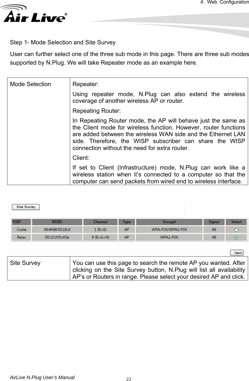 4. Web Configuration       AirLive N.Plug User’s Manual  22Step 1- Mode Selection and Site Survey User can further select one of the three sub mode in this page. There are three sub modes supported by N.Plug. We will take Repeater mode as an example here.  Mode Selection  Repeater: Using repeater mode, N.Plug can also extend the wireless coverage of another wireless AP or router. Repeating Router: In Repeating Router mode, the AP will behave just the same as the Client mode for wireless function. However, router functions are added between the wireless WAN side and the Ethernet LAN side. Therefore, the WISP subscriber can share the WISP connection without the need for extra router. Client: If set to Client (Infrastructure) mode, N.Plug can work like a wireless station when it’s connected to a computer so that the computer can send packets from wired end to wireless interface.    Site Survey  You can use this page to search the remote AP you wanted. After clicking on the Site Survey button, N.Plug will list all availability AP’s or Routers in range. Please select your desired AP and click. 