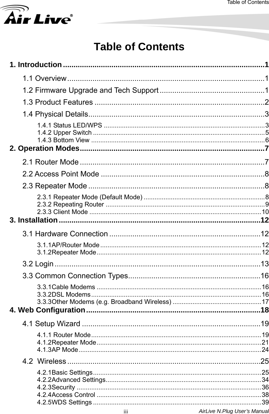 Table of Contents AirLive N.Plug User’s Manual  iiiTable of Contents  1. Introduction................................................................................................1 1.1 Overview..............................................................................................1 1.2 Firmware Upgrade and Tech Support ..................................................1 1.3 Product Features .................................................................................2 1.4 Physical Details....................................................................................3 1.4.1 Status LED/WPS .........................................................................................3 1.4.2 Upper Switch ...............................................................................................5 1.4.3 Bottom View ................................................................................................6 2. Operation Modes........................................................................................7 2.1 Router Mode ........................................................................................7 2.2 Access Point Mode ..............................................................................8 2.3 Repeater Mode ....................................................................................8 2.3.1 Repeater Mode (Default Mode) ...................................................................8 2.3.2 Repeating Router ........................................................................................9 2.3.3 Client Mode ...............................................................................................10 3. Installation................................................................................................12 3.1 Hardware Connection ........................................................................12 3.1.1 AP/Router Mode .........................................................................................12 3.1.2 Repeater Mode...........................................................................................12 3.2 Login ..................................................................................................13 3.3 Common Connection Types...............................................................16 3.3.1 Cable Modems ...........................................................................................16 3.3.2 DSL Modems..............................................................................................16 3.3.3 Other Modems (e.g. Broadband Wireless) .................................................17 4. Web Configuration...................................................................................18 4.1 Setup Wizard .....................................................................................19 4.1.1 Router Mode..............................................................................................19 4.1.2 Repeater Mode...........................................................................................21 4.1.3 AP Mode.....................................................................................................24 4.2 Wireless ............................................................................................25 4.2.1 Basic Settings.............................................................................................25 4.2.2 Advanced Settings......................................................................................34 4.2.3 Security ......................................................................................................36 4.2.4 Access Control ...........................................................................................38 4.2.5 WDS Settings .............................................................................................39 