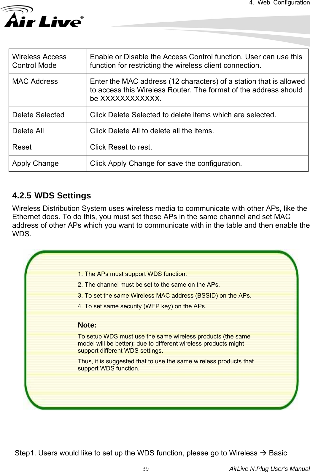 4. Web Configuration       AirLive N.Plug User’s Manual  39Wireless Access Control Mode Enable or Disable the Access Control function. User can use this function for restricting the wireless client connection. MAC Address  Enter the MAC address (12 characters) of a station that is allowed to access this Wireless Router. The format of the address should be XXXXXXXXXXXX. Delete Selected  Click Delete Selected to delete items which are selected. Delete All  Click Delete All to delete all the items. Reset  Click Reset to rest. Apply Change  Click Apply Change for save the configuration.  4.2.5 WDS Settings Wireless Distribution System uses wireless media to communicate with other APs, like the Ethernet does. To do this, you must set these APs in the same channel and set MAC address of other APs which you want to communicate with in the table and then enable the WDS.  1. The APs must support WDS function. 2. The channel must be set to the same on the APs. 3. To set the same Wireless MAC address (BSSID) on the APs. 4. To set same security (WEP key) on the APs.  Note: To setup WDS must use the same wireless products (the same model will be better); due to different wireless products might support different WDS settings. Thus, it is suggested that to use the same wireless products that support WDS function.               Step1. Users would like to set up the WDS function, please go to Wireless Æ Basic 