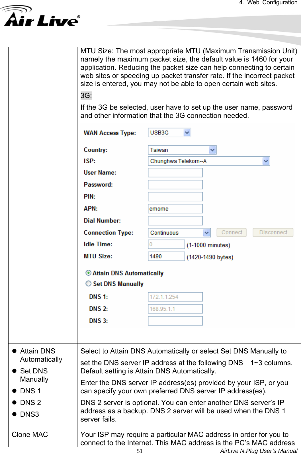 4. Web Configuration       AirLive N.Plug User’s Manual  51MTU Size: The most appropriate MTU (Maximum Transmission Unit) namely the maximum packet size, the default value is 1460 for your application. Reducing the packet size can help connecting to certain web sites or speeding up packet transfer rate. If the incorrect packet size is entered, you may not be able to open certain web sites. 3G: If the 3G be selected, user have to set up the user name, password and other information that the 3G connection needed.     z Attain DNS Automatically  z Set DNS Manually  Select to Attain DNS Automatically or select Set DNS Manually to   set the DNS server IP address at the following DNS    1~3 columns. Default setting is Attain DNS Automatically.   Enter the DNS server IP address(es) provided by your ISP, or you can specify your own preferred DNS server IP address(es).   z DNS 1  z DNS 2  z DNS3 DNS 2 server is optional. You can enter another DNS server’s IP address as a backup. DNS 2 server will be used when the DNS 1 server fails. Clone MAC  Your ISP may require a particular MAC address in order for you to connect to the Internet. This MAC address is the PC’s MAC address 