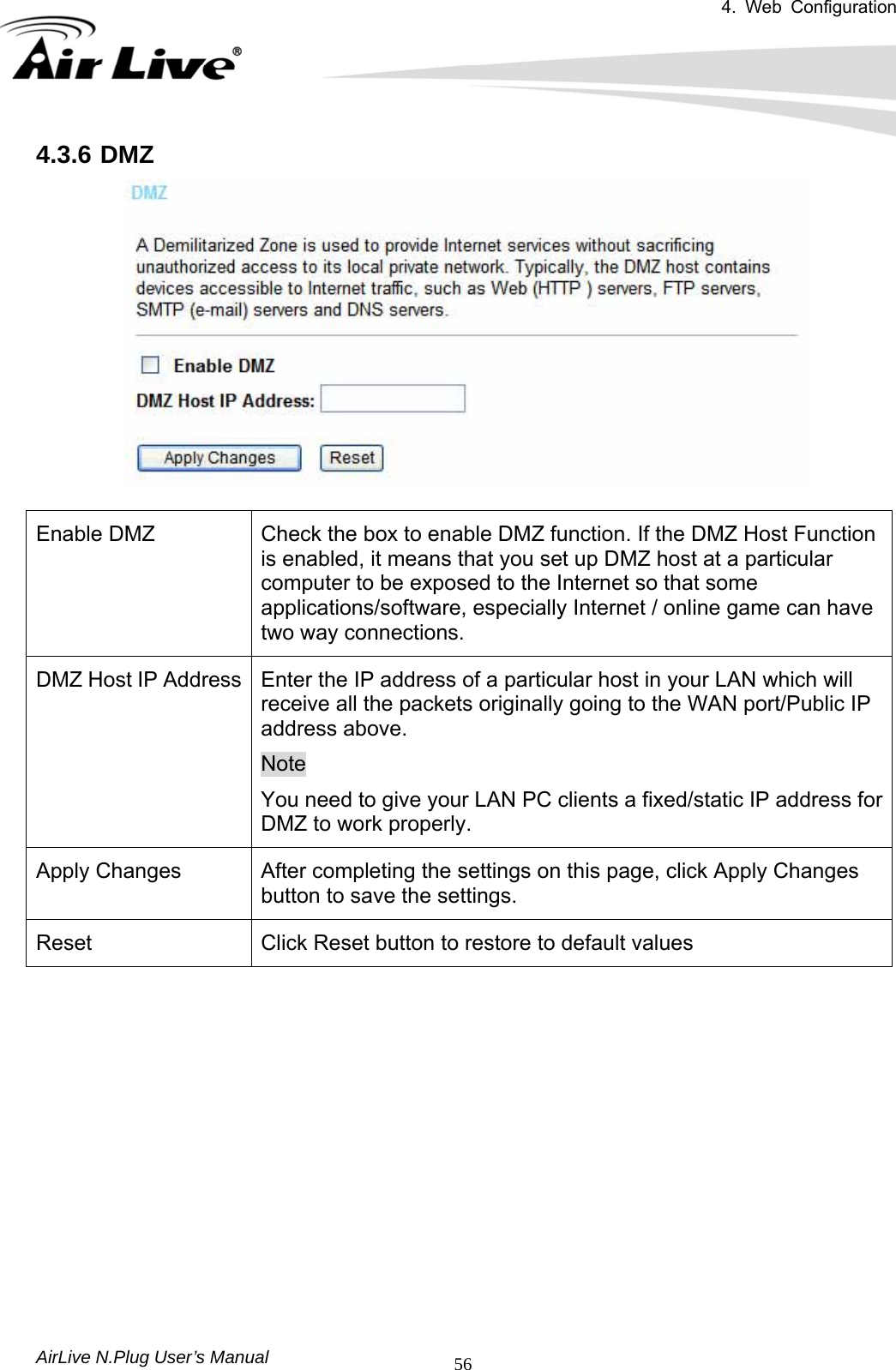 4. Web Configuration       AirLive N.Plug User’s Manual  564.3.6 DMZ   Enable DMZ  Check the box to enable DMZ function. If the DMZ Host Function is enabled, it means that you set up DMZ host at a particular computer to be exposed to the Internet so that some applications/software, especially Internet / online game can have two way connections. DMZ Host IP Address  Enter the IP address of a particular host in your LAN which will receive all the packets originally going to the WAN port/Public IP address above.   Note You need to give your LAN PC clients a fixed/static IP address for DMZ to work properly. Apply Changes  After completing the settings on this page, click Apply Changes button to save the settings. Reset  Click Reset button to restore to default values  