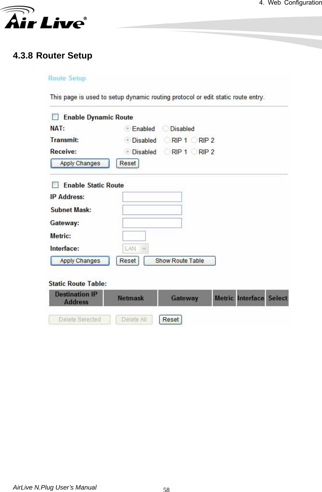 4. Web Configuration       AirLive N.Plug User’s Manual  584.3.8 Router Setup                    