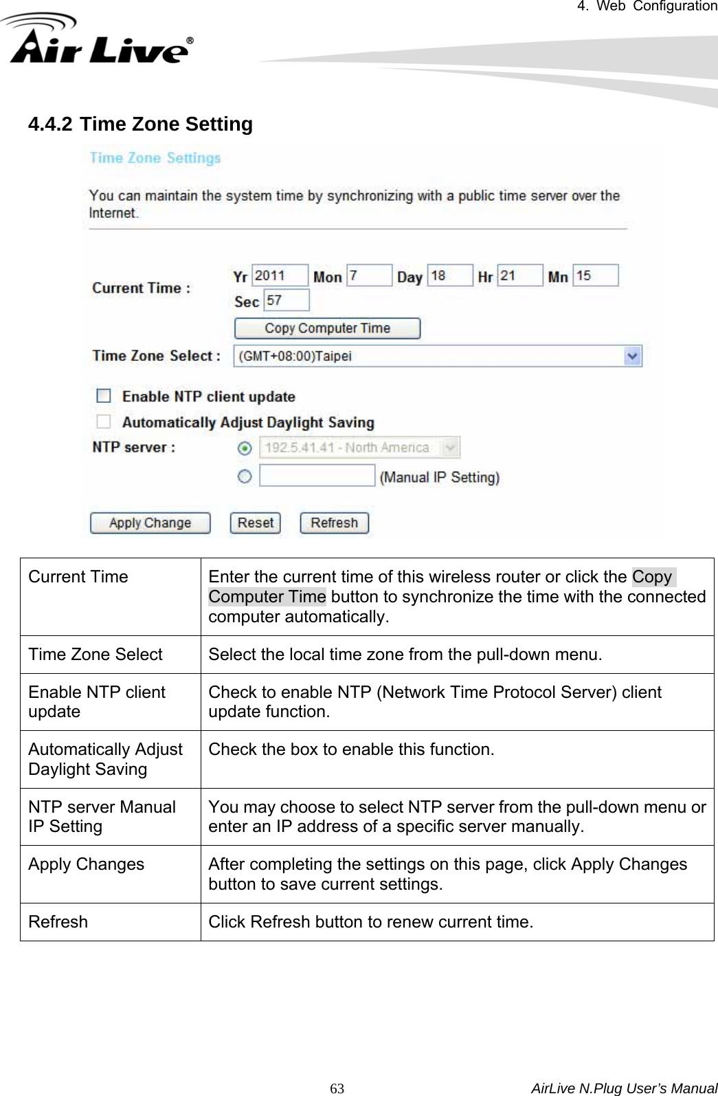 4. Web Configuration       AirLive N.Plug User’s Manual  634.4.2 Time Zone Setting   Current Time  Enter the current time of this wireless router or click the Copy Computer Time button to synchronize the time with the connected computer automatically. Time Zone Select  Select the local time zone from the pull-down menu. Enable NTP client update Check to enable NTP (Network Time Protocol Server) client update function. Automatically Adjust Daylight Saving Check the box to enable this function. NTP server Manual IP Setting You may choose to select NTP server from the pull-down menu or enter an IP address of a specific server manually. Apply Changes  After completing the settings on this page, click Apply Changes button to save current settings. Refresh  Click Refresh button to renew current time.   