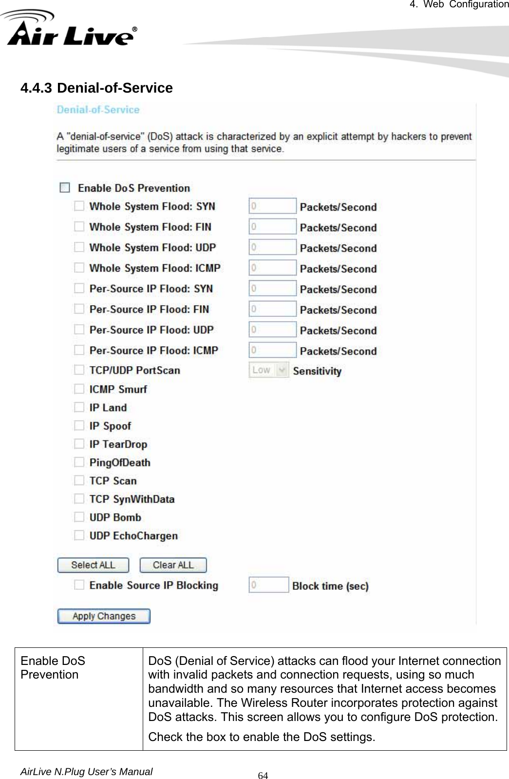 4. Web Configuration       AirLive N.Plug User’s Manual  644.4.3 Denial-of-Service   Enable DoS Prevention DoS (Denial of Service) attacks can flood your Internet connection with invalid packets and connection requests, using so much bandwidth and so many resources that Internet access becomes unavailable. The Wireless Router incorporates protection against DoS attacks. This screen allows you to configure DoS protection.   Check the box to enable the DoS settings. 