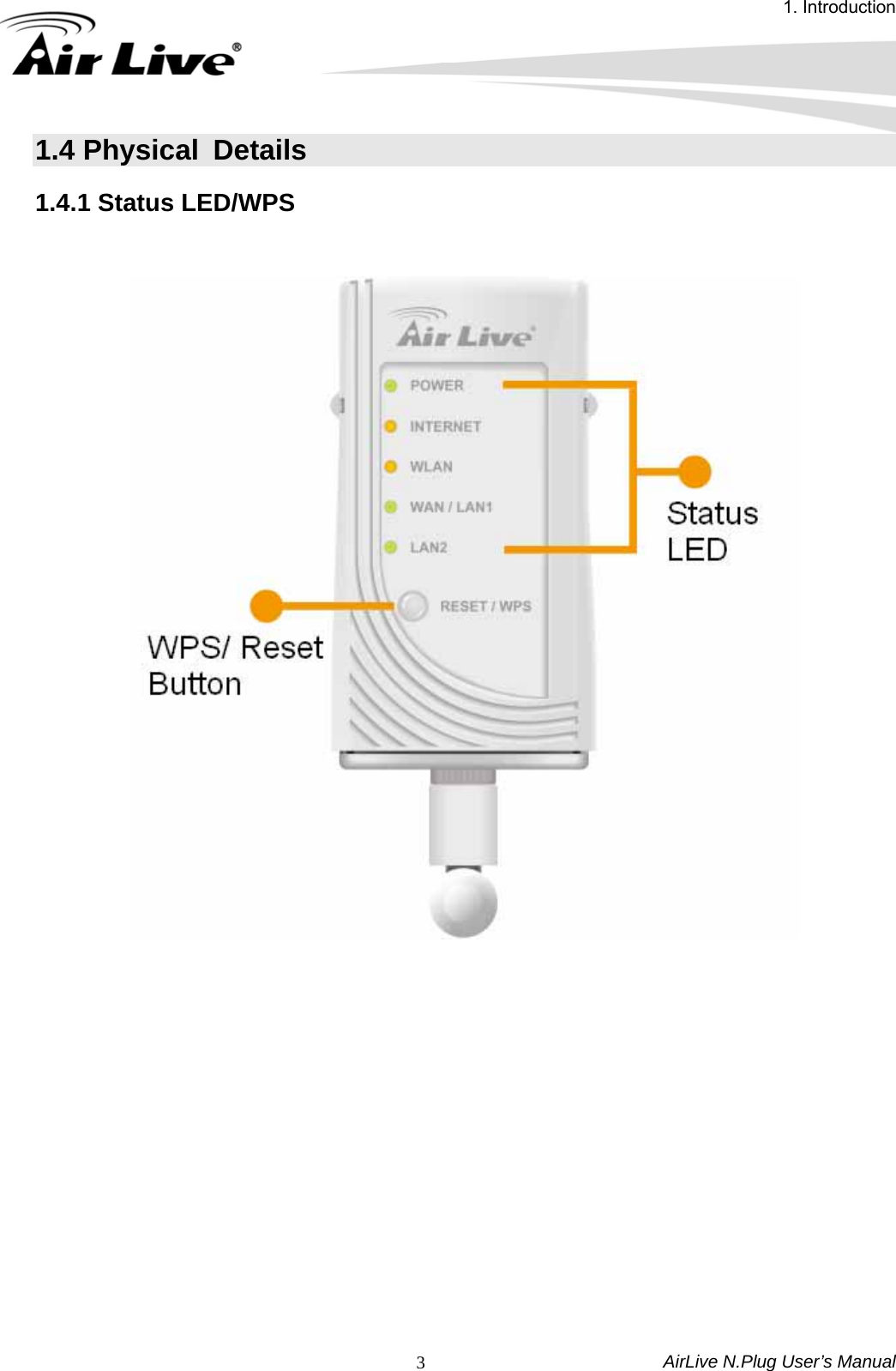 1. Introduction AirLive N.Plug User’s Manual  31.4 Physical  Details 1.4.1 Status LED/WPS                    