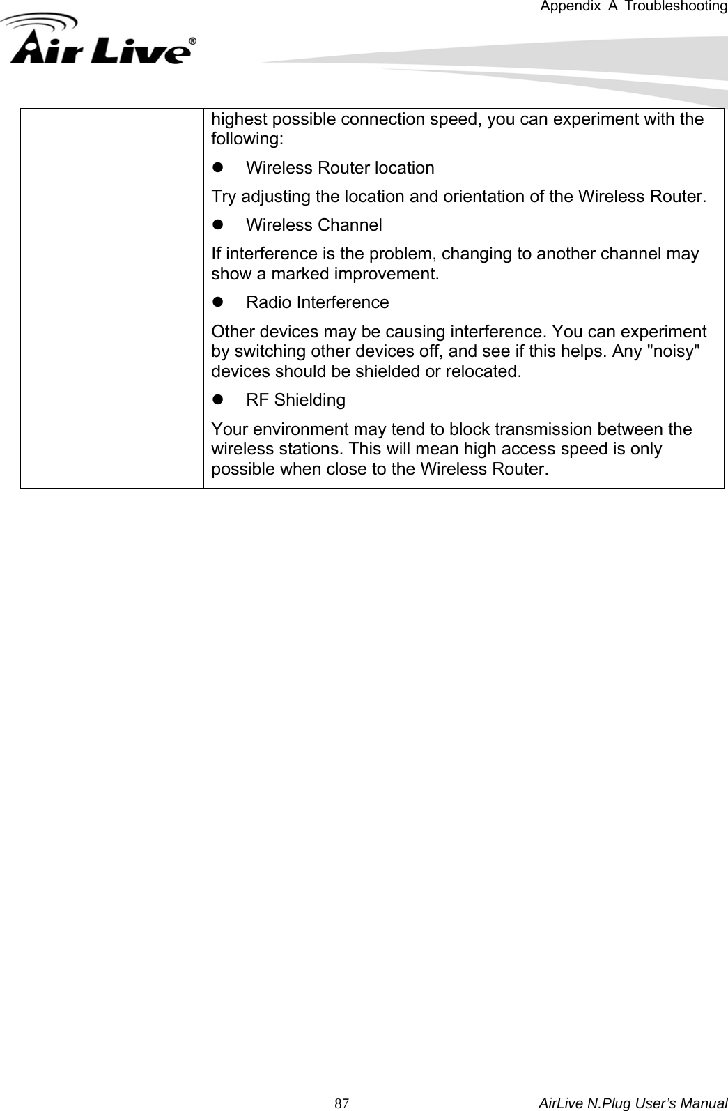 Appendix A Troubleshooting   AirLive N.Plug User’s Manual  87highest possible connection speed, you can experiment with the following:  z  Wireless Router location   Try adjusting the location and orientation of the Wireless Router. z Wireless Channel  If interference is the problem, changing to another channel may show a marked improvement.   z Radio Interference  Other devices may be causing interference. You can experiment by switching other devices off, and see if this helps. Any &quot;noisy&quot; devices should be shielded or relocated. z RF Shielding  Your environment may tend to block transmission between the wireless stations. This will mean high access speed is only possible when close to the Wireless Router.        