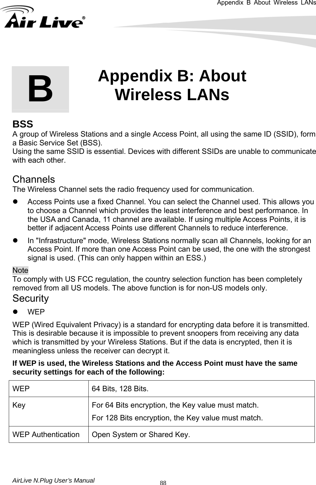 Appendix B About Wireless LANs        AirLive N.Plug User’s Manual  88       BSS A group of Wireless Stations and a single Access Point, all using the same ID (SSID), form a Basic Service Set (BSS).   Using the same SSID is essential. Devices with different SSIDs are unable to communicate with each other.   Channels The Wireless Channel sets the radio frequency used for communication.     z  Access Points use a fixed Channel. You can select the Channel used. This allows you to choose a Channel which provides the least interference and best performance. In the USA and Canada, 11 channel are available. If using multiple Access Points, it is better if adjacent Access Points use different Channels to reduce interference.   z  In &quot;Infrastructure&quot; mode, Wireless Stations normally scan all Channels, looking for an Access Point. If more than one Access Point can be used, the one with the strongest signal is used. (This can only happen within an ESS.)   Note   To comply with US FCC regulation, the country selection function has been completely removed from all US models. The above function is for non-US models only. Security z WEP WEP (Wired Equivalent Privacy) is a standard for encrypting data before it is transmitted. This is desirable because it is impossible to prevent snoopers from receiving any data which is transmitted by your Wireless Stations. But if the data is encrypted, then it is meaningless unless the receiver can decrypt it.   If WEP is used, the Wireless Stations and the Access Point must have the same security settings for each of the following: WEP  64 Bits, 128 Bits. Key  For 64 Bits encryption, the Key value must match.     For 128 Bits encryption, the Key value must match. WEP Authentication  Open System or Shared Key.   B  Appendix B: About Wireless LANs  
