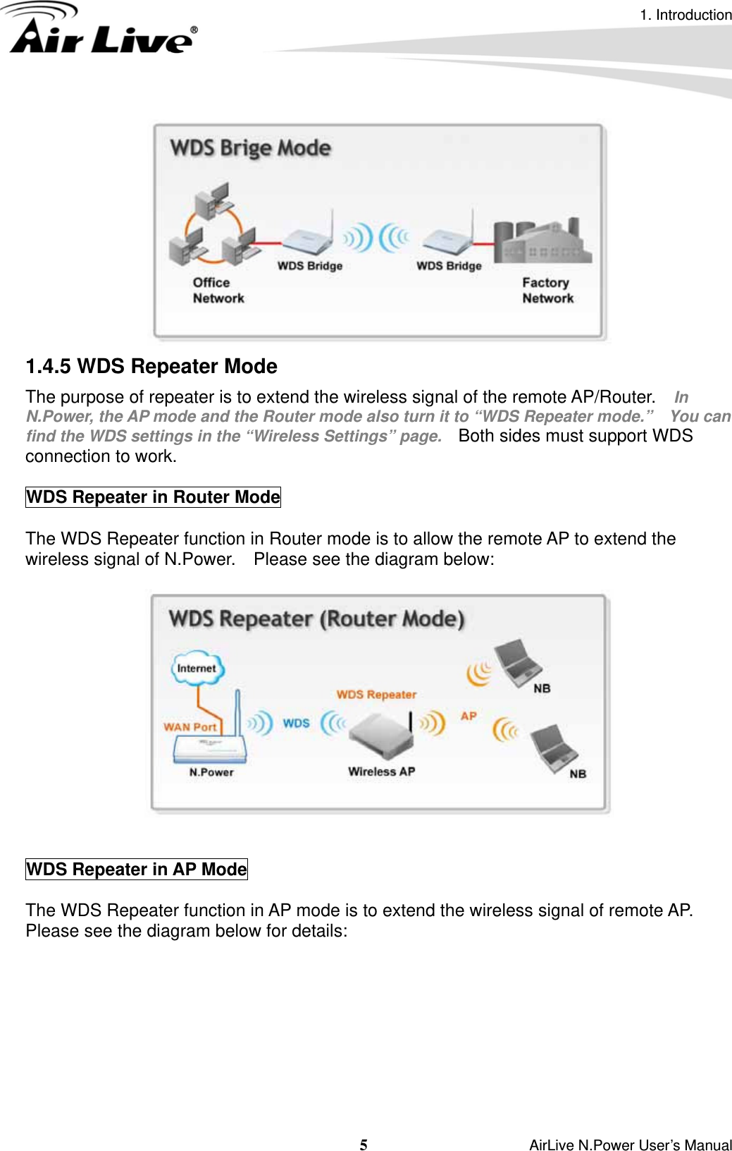 1. Introduction 5                    AirLive N.Power User’s Manual  1.4.5 WDS Repeater Mode The purpose of repeater is to extend the wireless signal of the remote AP/Router.   In N.Power, the AP mode and the Router mode also turn it to “WDS Repeater mode.”    You can find the WDS settings in the “Wireless Settings” page.   Both sides must support WDS connection to work.  WDS Repeater in Router Mode  The WDS Repeater function in Router mode is to allow the remote AP to extend the wireless signal of N.Power.    Please see the diagram below:     WDS Repeater in AP Mode  The WDS Repeater function in AP mode is to extend the wireless signal of remote AP.   Please see the diagram below for details:   