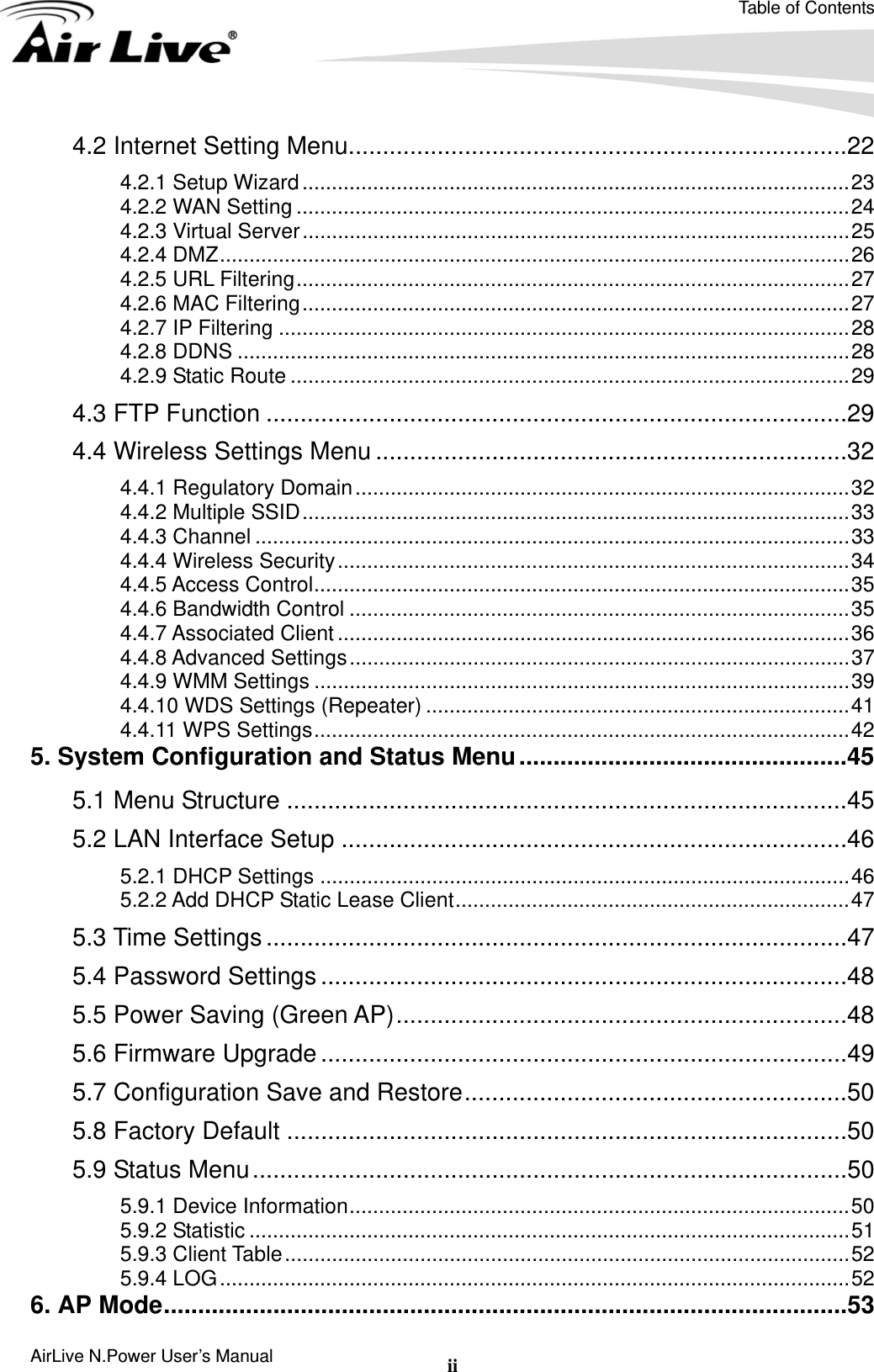 Table of Contents AirLive N.Power User’s Manual  ii4.2 Internet Setting Menu.........................................................................22 4.2.1 Setup Wizard.............................................................................................23 4.2.2 WAN Setting ..............................................................................................24 4.2.3 Virtual Server.............................................................................................25 4.2.4 DMZ...........................................................................................................26 4.2.5 URL Filtering..............................................................................................27 4.2.6 MAC Filtering.............................................................................................27 4.2.7 IP Filtering .................................................................................................28 4.2.8 DDNS ........................................................................................................28 4.2.9 Static Route ...............................................................................................29 4.3 FTP Function .....................................................................................29 4.4 Wireless Settings Menu .....................................................................32 4.4.1 Regulatory Domain....................................................................................32 4.4.2 Multiple SSID.............................................................................................33 4.4.3 Channel .....................................................................................................33 4.4.4 Wireless Security.......................................................................................34 4.4.5 Access Control...........................................................................................35 4.4.6 Bandwidth Control .....................................................................................35 4.4.7 Associated Client .......................................................................................36 4.4.8 Advanced Settings.....................................................................................37 4.4.9 WMM Settings ...........................................................................................39 4.4.10 WDS Settings (Repeater) ........................................................................41 4.4.11 WPS Settings...........................................................................................42 5. System Configuration and Status Menu................................................45 5.1 Menu Structure ..................................................................................45 5.2 LAN Interface Setup ..........................................................................46 5.2.1 DHCP Settings ..........................................................................................46 5.2.2 Add DHCP Static Lease Client...................................................................47 5.3 Time Settings .....................................................................................47 5.4 Password Settings .............................................................................48 5.5 Power Saving (Green AP)..................................................................48 5.6 Firmware Upgrade .............................................................................49 5.7 Configuration Save and Restore........................................................50 5.8 Factory Default ..................................................................................50 5.9 Status Menu.......................................................................................50 5.9.1 Device Information.....................................................................................50 5.9.2 Statistic ......................................................................................................51 5.9.3 Client Table................................................................................................52 5.9.4 LOG...........................................................................................................52 6. AP Mode....................................................................................................53 
