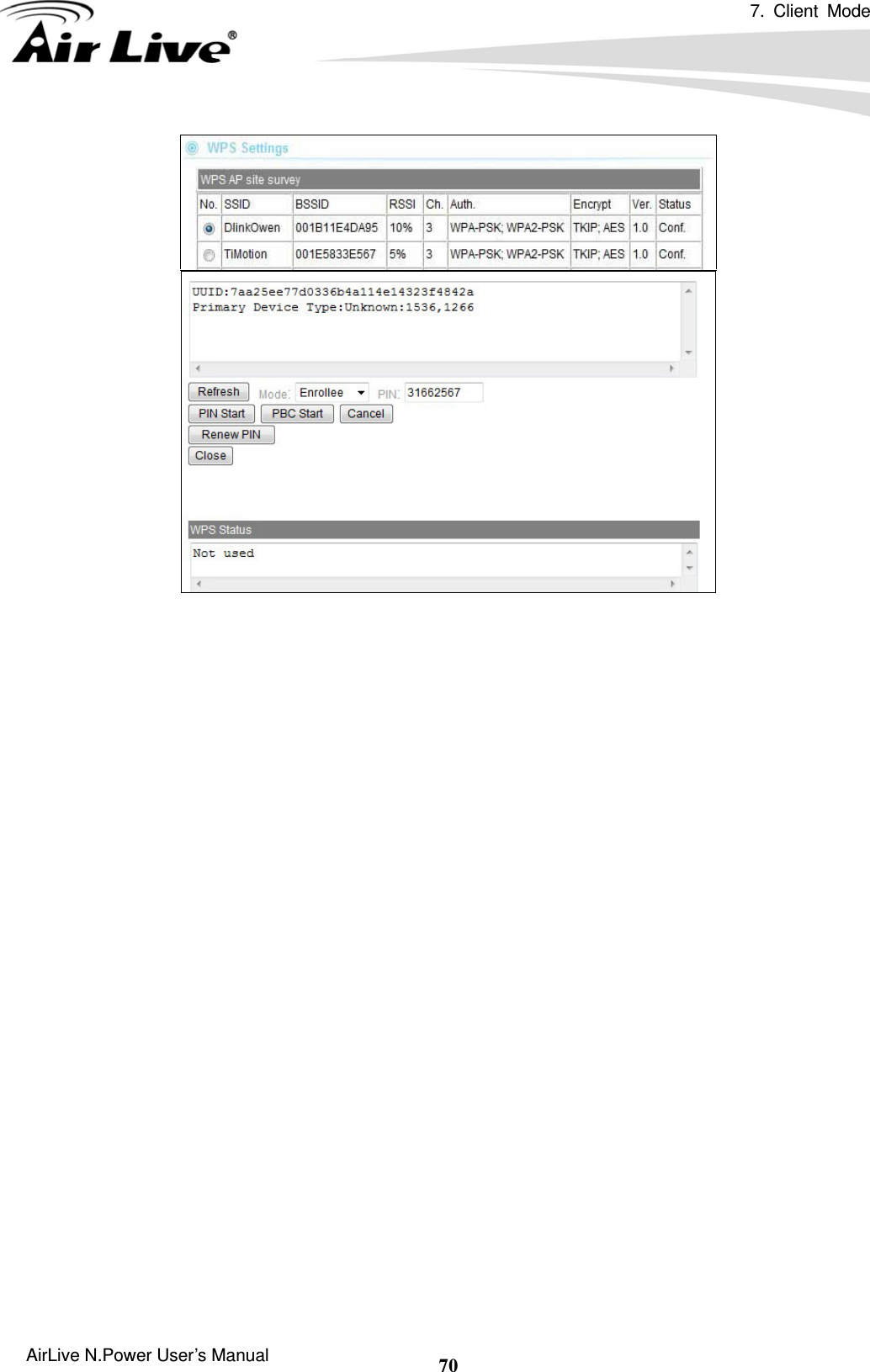 7. Client Mode  AirLive N.Power User’s Manual  70     