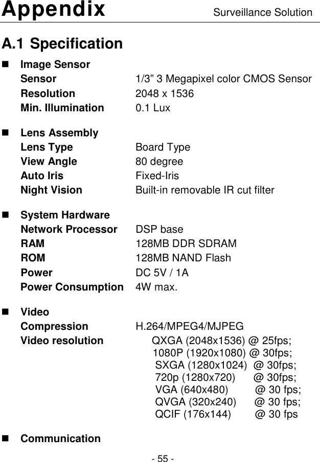  - 55 - Appendix                                    Surveillance Solution A.1 Specification  Image Sensor Sensor  1/3” 3 Megapixel color CMOS Sensor Resolution  2048 x 1536 Min. Illumination  0.1 Lux  Lens Assembly Lens Type  Board Type View Angle   80 degree Auto Iris  Fixed-Iris  Night Vision  Built-in removable IR cut filter  System Hardware Network Processor   DSP base RAM   128MB DDR SDRAM ROM  128MB NAND Flash Power  DC 5V / 1A Power Consumption  4W max.  Video Compression  H.264/MPEG4/MJPEG Video resolution       QXGA (2048x1536) @ 25fps;         1080P (1920x1080) @ 30fps; SXGA (1280x1024)  @ 30fps; 720p (1280x720)      @ 30fps; VGA (640x480)         @ 30 fps; QVGA (320x240)      @ 30 fps; QCIF (176x144)        @ 30 fps   Communication 