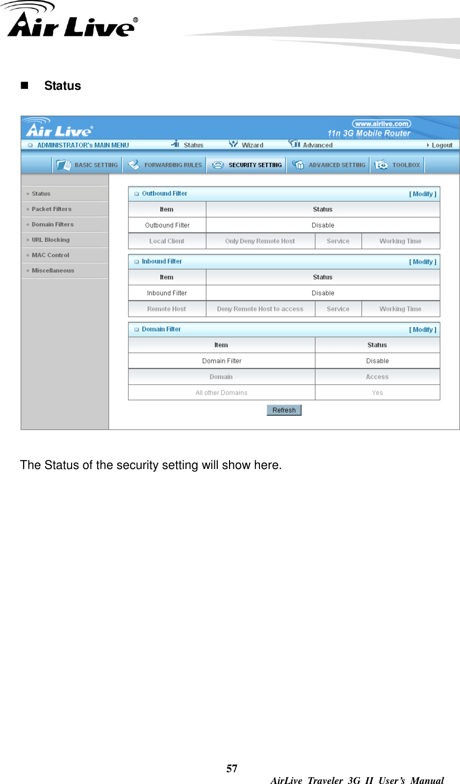  57  AirLive  Traveler  3G  II  User’s  Manual  Status    The Status of the security setting will show here.         