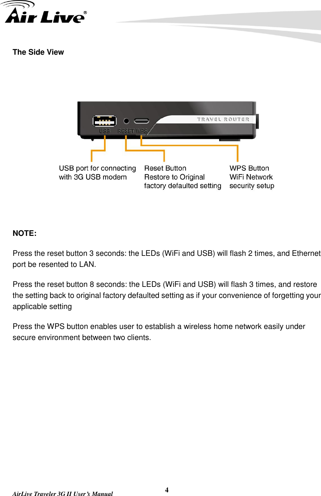   AirLive Traveler 3G II User’s Manual 4 The Side View    NOTE: Press the reset button 3 seconds: the LEDs (WiFi and USB) will flash 2 times, and Ethernet port be resented to LAN. Press the reset button 8 seconds: the LEDs (WiFi and USB) will flash 3 times, and restore the setting back to original factory defaulted setting as if your convenience of forgetting your applicable setting Press the WPS button enables user to establish a wireless home network easily under secure environment between two clients.        