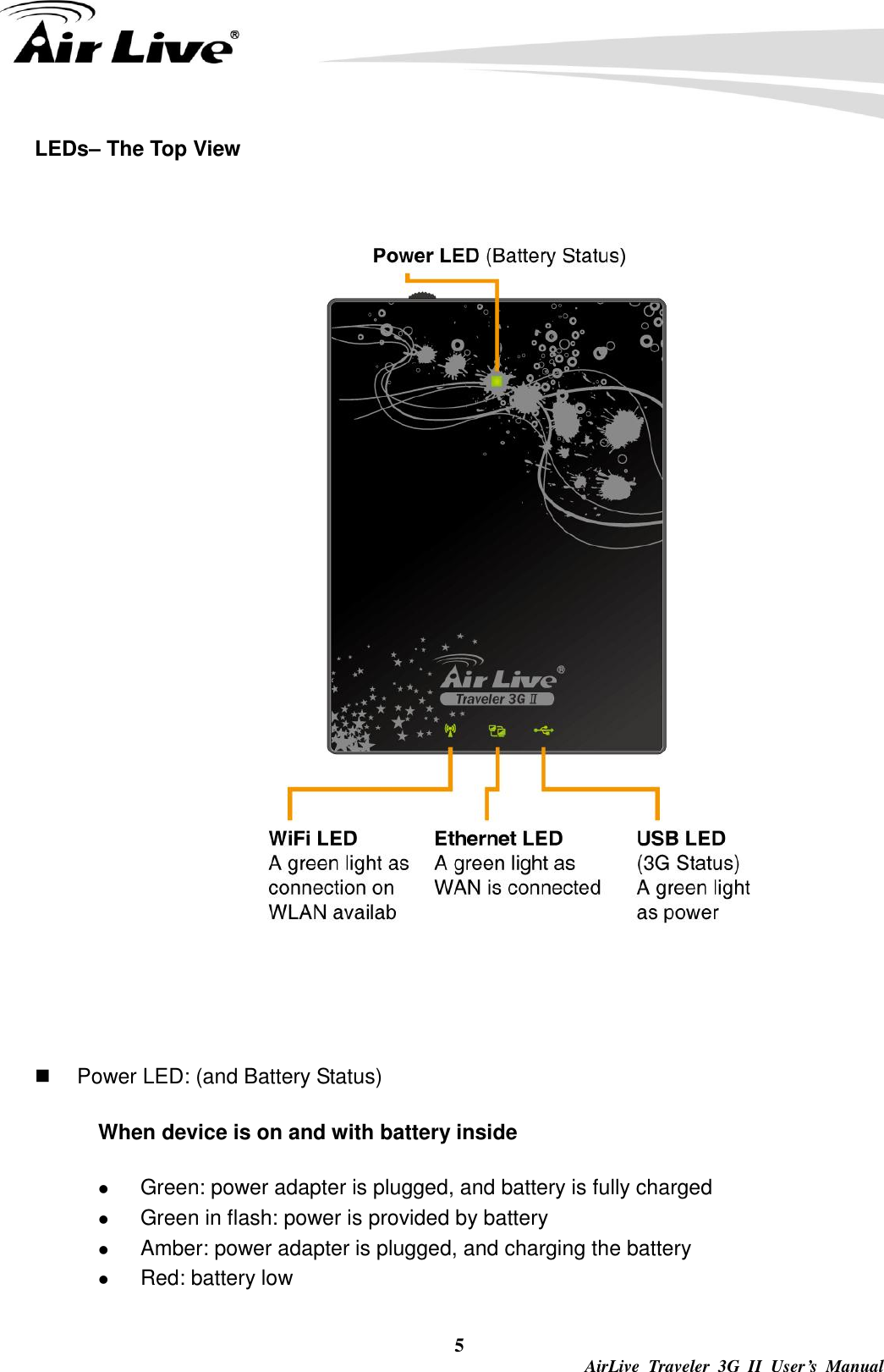  5  AirLive  Traveler  3G  II  User’s  Manual LEDs– The Top View     Power LED: (and Battery Status) When device is on and with battery inside  Green: power adapter is plugged, and battery is fully charged  Green in flash: power is provided by battery  Amber: power adapter is plugged, and charging the battery  Red: battery low 