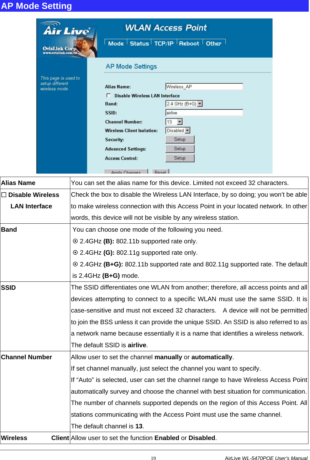                                                           19                           AirLive WL-5470POE User’s Manual AP Mode Setting  Alias Name  You can set the alias name for this device. Limited not exceed 32 characters.  Disable Wireless    LAN Interface Check the box to disable the Wireless LAN Interface, by so doing; you won’t be able to make wireless connection with this Access Point in your located network. In other words, this device will not be visible by any wireless station. Band  You can choose one mode of the following you need. ~ 2.4GHz (B): 802.11b supported rate only. ~ 2.4GHz (G): 802.11g supported rate only.   ~ 2.4GHz (B+G): 802.11b supported rate and 802.11g supported rate. The default is 2.4GHz (B+G) mode. SSID The SSID differentiates one WLAN from another; therefore, all access points and all devices attempting to connect to a specific WLAN must use the same SSID. It is case-sensitive and must not exceed 32 characters.   A device will not be permitted to join the BSS unless it can provide the unique SSID. An SSID is also referred to as a network name because essentially it is a name that identifies a wireless network.The default SSID is airlive. Channel Number Allow user to set the channel manually or automatically. If set channel manually, just select the channel you want to specify. If “Auto” is selected, user can set the channel range to have Wireless Access Point automatically survey and choose the channel with best situation for communication.The number of channels supported depends on the region of this Access Point. All stations communicating with the Access Point must use the same channel. The default channel is 13. Wireless Client Allow user to set the function Enabled or Disabled. 