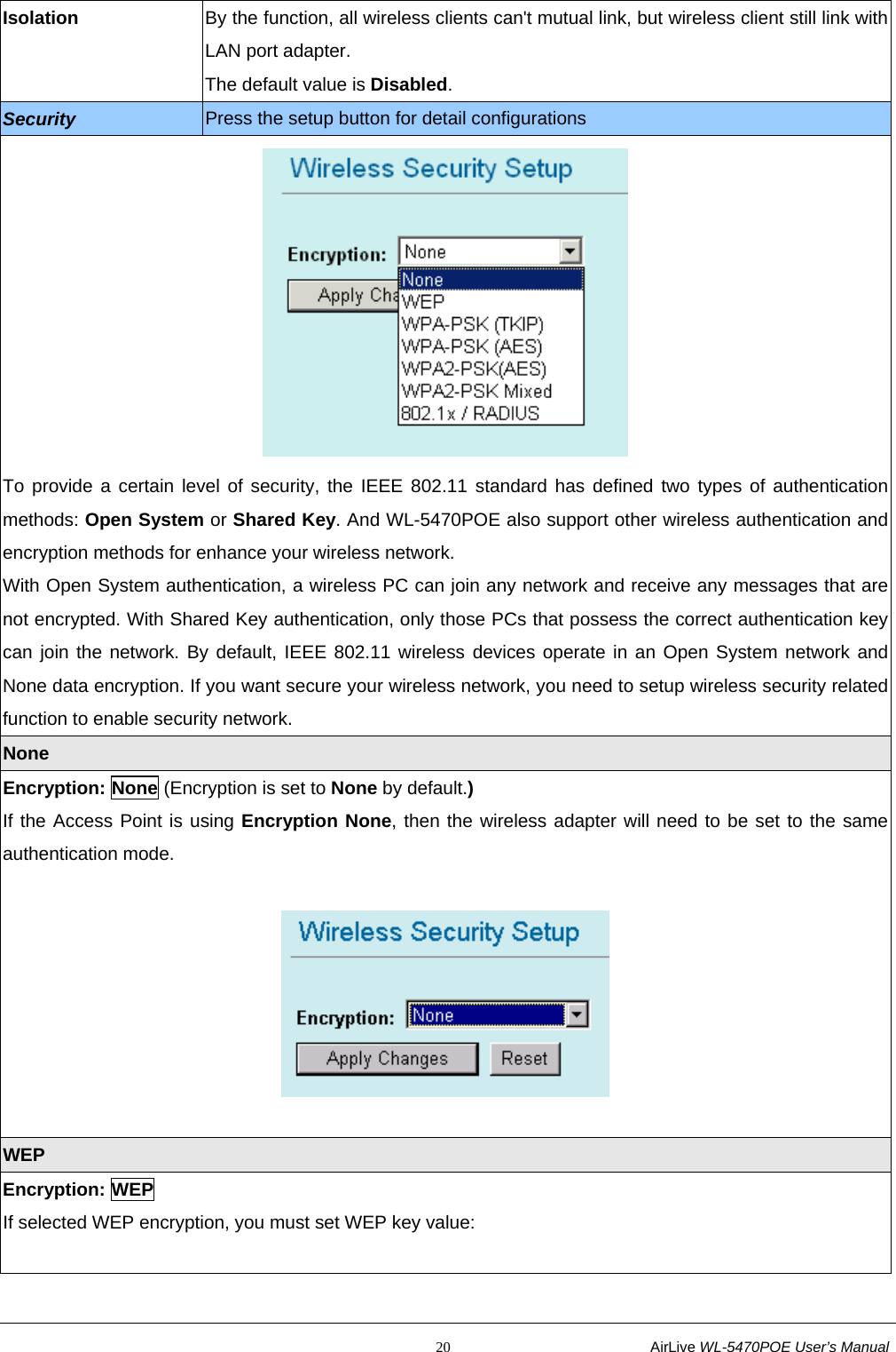                                                           20                           AirLive WL-5470POE User’s Manual Isolation  By the function, all wireless clients can&apos;t mutual link, but wireless client still link with LAN port adapter. The default value is Disabled. Security Press the setup button for detail configurations  To provide a certain level of security, the IEEE 802.11 standard has defined two types of authentication methods: Open System or Shared Key. And WL-5470POE also support other wireless authentication and encryption methods for enhance your wireless network. With Open System authentication, a wireless PC can join any network and receive any messages that are not encrypted. With Shared Key authentication, only those PCs that possess the correct authentication key can join the network. By default, IEEE 802.11 wireless devices operate in an Open System network and None data encryption. If you want secure your wireless network, you need to setup wireless security related function to enable security network. None Encryption: None (Encryption is set to None by default.) If the Access Point is using Encryption None, then the wireless adapter will need to be set to the same authentication mode.    WEP Encryption: WEP If selected WEP encryption, you must set WEP key value:  