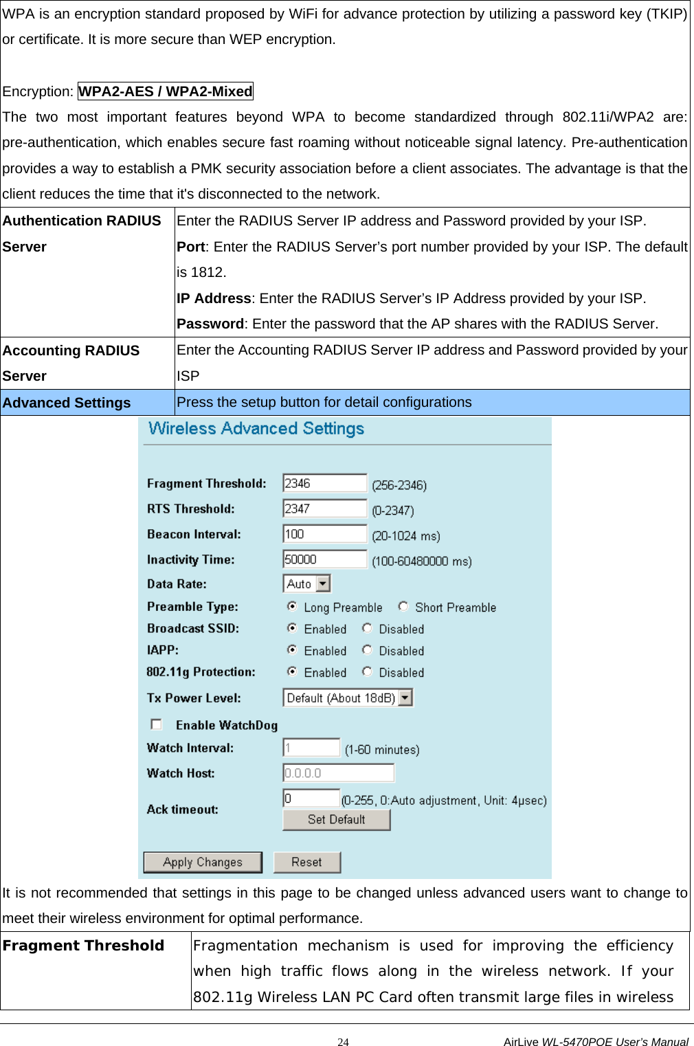                                                           24                           AirLive WL-5470POE User’s Manual WPA is an encryption standard proposed by WiFi for advance protection by utilizing a password key (TKIP) or certificate. It is more secure than WEP encryption.  Encryption: WPA2-AES / WPA2-Mixed The two most important features beyond WPA to become standardized through 802.11i/WPA2 are: pre-authentication, which enables secure fast roaming without noticeable signal latency. Pre-authentication provides a way to establish a PMK security association before a client associates. The advantage is that the client reduces the time that it&apos;s disconnected to the network. Authentication RADIUS Server Enter the RADIUS Server IP address and Password provided by your ISP. Port: Enter the RADIUS Server’s port number provided by your ISP. The default is 1812. IP Address: Enter the RADIUS Server’s IP Address provided by your ISP. Password: Enter the password that the AP shares with the RADIUS Server. Accounting RADIUS Server Enter the Accounting RADIUS Server IP address and Password provided by your ISP Advanced Settings  Press the setup button for detail configurations  It is not recommended that settings in this page to be changed unless advanced users want to change to meet their wireless environment for optimal performance. Fragment Threshold  Fragmentation mechanism is used for improving the efficiency when high traffic flows along in the wireless network. If your 802.11g Wireless LAN PC Card often transmit large files in wireless 