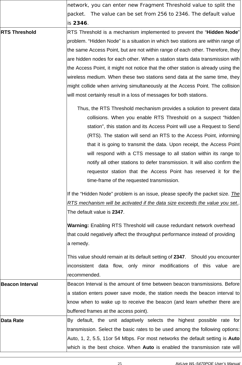                                                           25                           AirLive WL-5470POE User’s Manual network, you can enter new Fragment Threshold value to split the packet.  The value can be set from 256 to 2346. The default value is 2346. RTS Threshold  RTS Threshold is a mechanism implemented to prevent the “Hidden Node” problem. “Hidden Node” is a situation in which two stations are within range of the same Access Point, but are not within range of each other. Therefore, they are hidden nodes for each other. When a station starts data transmission with the Access Point, it might not notice that the other station is already using the wireless medium. When these two stations send data at the same time, they might collide when arriving simultaneously at the Access Point. The collision will most certainly result in a loss of messages for both stations. Thus, the RTS Threshold mechanism provides a solution to prevent data collisions. When you enable RTS Threshold on a suspect “hidden station”, this station and its Access Point will use a Request to Send (RTS). The station will send an RTS to the Access Point, informing that it is going to transmit the data. Upon receipt, the Access Point will respond with a CTS message to all station within its range to notify all other stations to defer transmission. It will also confirm the requestor station that the Access Point has reserved it for the time-frame of the requested transmission. If the “Hidden Node” problem is an issue, please specify the packet size. The RTS mechanism will be activated if the data size exceeds the value you set.. The default value is 2347.   Warning: Enabling RTS Threshold will cause redundant network overhead that could negatively affect the throughput performance instead of providing a remedy. This value should remain at its default setting of 2347.  Should you encounter inconsistent data flow, only minor modifications of this value are recommended. Beacon Interval  Beacon Interval is the amount of time between beacon transmissions. Before a station enters power save mode, the station needs the beacon interval to know when to wake up to receive the beacon (and learn whether there are buffered frames at the access point). Data Rate  By default, the unit adaptively selects the highest possible rate for transmission. Select the basic rates to be used among the following options: Auto, 1, 2, 5.5, 11or 54 Mbps. For most networks the default setting is Autowhich is the best choice. When Auto is enabled the transmission rate will 