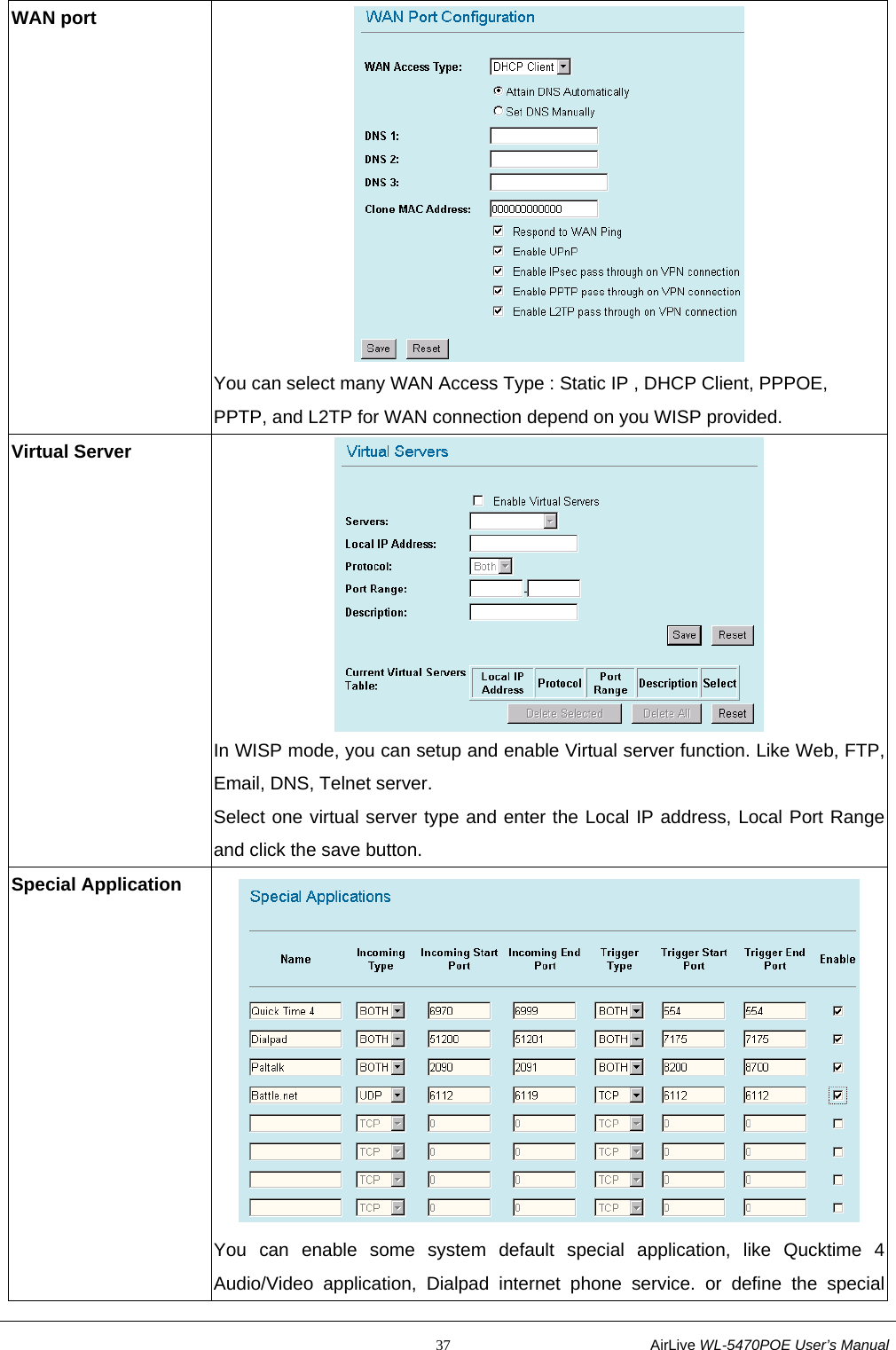                                                           37                           AirLive WL-5470POE User’s Manual WAN port  You can select many WAN Access Type : Static IP , DHCP Client, PPPOE, PPTP, and L2TP for WAN connection depend on you WISP provided. Virtual Server  In WISP mode, you can setup and enable Virtual server function. Like Web, FTP, Email, DNS, Telnet server. Select one virtual server type and enter the Local IP address, Local Port Range and click the save button. Special Application  You can enable some system default special application, like Qucktime 4 Audio/Video application, Dialpad internet phone service. or define the special 