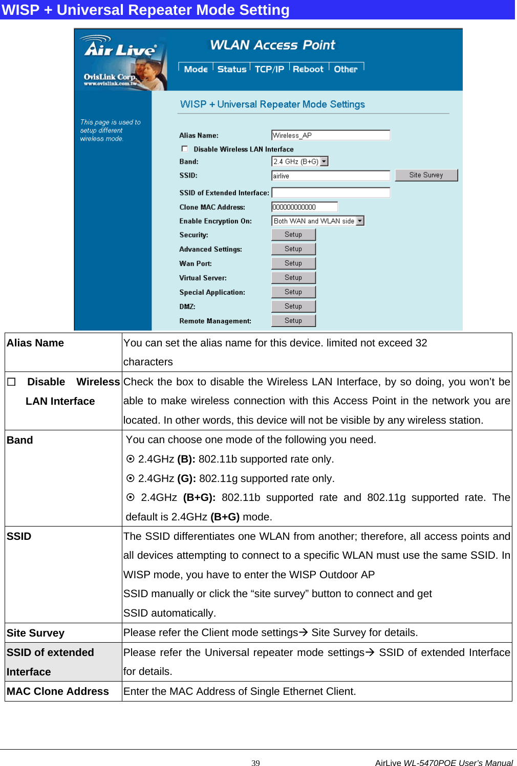                                                           39                           AirLive WL-5470POE User’s Manual WISP + Universal Repeater Mode Setting  Alias Name  You can set the alias name for this device. limited not exceed 32 characters  Disable Wireless LAN Interface Check the box to disable the Wireless LAN Interface, by so doing, you won’t be able to make wireless connection with this Access Point in the network you are located. In other words, this device will not be visible by any wireless station. Band  You can choose one mode of the following you need.       ~ 2.4GHz (B): 802.11b supported rate only. ~ 2.4GHz (G): 802.11g supported rate only.   ~ 2.4GHz (B+G): 802.11b supported rate and 802.11g supported rate. The default is 2.4GHz (B+G) mode. SSID The SSID differentiates one WLAN from another; therefore, all access points and all devices attempting to connect to a specific WLAN must use the same SSID. In WISP mode, you have to enter the WISP Outdoor AP SSID manually or click the “site survey” button to connect and get   SSID automatically.   Site Survey  Please refer the Client mode settingsÆ Site Survey for details. SSID of extended Interface Please refer the Universal repeater mode settingsÆ SSID of extended Interfacefor details. MAC Clone Address  Enter the MAC Address of Single Ethernet Client. 