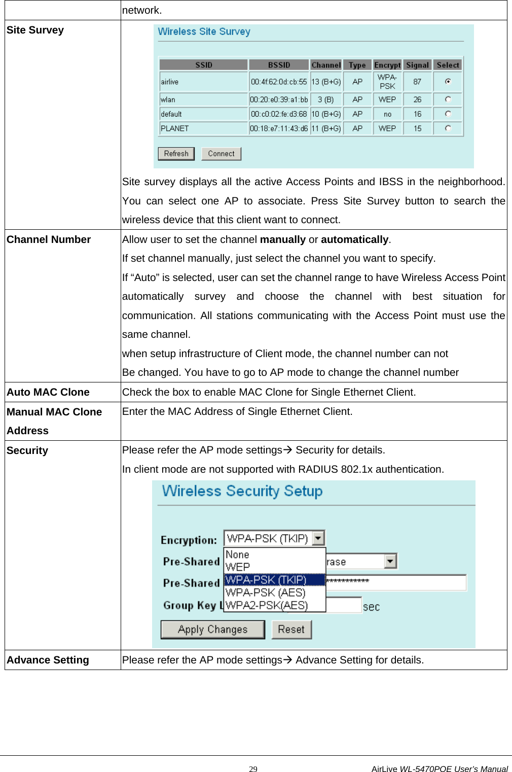                                                           29                           AirLive WL-5470POE User’s Manual network. Site Survey  Site survey displays all the active Access Points and IBSS in the neighborhood. You can select one AP to associate. Press Site Survey button to search the wireless device that this client want to connect. Channel Number  Allow user to set the channel manually or automatically. If set channel manually, just select the channel you want to specify. If “Auto” is selected, user can set the channel range to have Wireless Access Point automatically survey and choose the channel with best situation forcommunication. All stations communicating with the Access Point must use the same channel. when setup infrastructure of Client mode, the channel number can not Be changed. You have to go to AP mode to change the channel number Auto MAC Clone  Check the box to enable MAC Clone for Single Ethernet Client. Manual MAC Clone Address Enter the MAC Address of Single Ethernet Client. Security  Please refer the AP mode settingsÆ Security for details. In client mode are not supported with RADIUS 802.1x authentication. Advance Setting    Please refer the AP mode settingsÆ Advance Setting for details. 