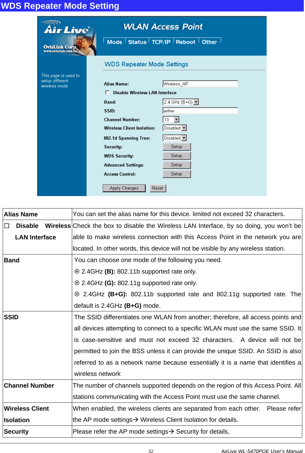                                                           32                           AirLive WL-5470POE User’s Manual WDS Repeater Mode Setting   Alias Name  You can set the alias name for this device. limited not exceed 32 characters.  Disable Wireless LAN Interface Check the box to disable the Wireless LAN Interface, by so doing, you won’t be able to make wireless connection with this Access Point in the network you are located. In other words, this device will not be visible by any wireless station. Band  You can choose one mode of the following you need.       ~ 2.4GHz (B): 802.11b supported rate only. ~ 2.4GHz (G): 802.11g supported rate only.   ~ 2.4GHz (B+G): 802.11b supported rate and 802.11g supported rate. The default is 2.4GHz (B+G) mode. SSID  The SSID differentiates one WLAN from another; therefore, all access points and all devices attempting to connect to a specific WLAN must use the same SSID. It is case-sensitive and must not exceed 32 characters.  A device will not be permitted to join the BSS unless it can provide the unique SSID. An SSID is also referred to as a network name because essentially it is a name that identifies a wireless network Channel Number  The number of channels supported depends on the region of this Access Point. All stations communicating with the Access Point must use the same channel.   Wireless Client Isolation When enabled, the wireless clients are separated from each other.    Please refer the AP mode settingsÆ Wireless Client Isolation for details. Security  Please refer the AP mode settingsÆ Security for details, 