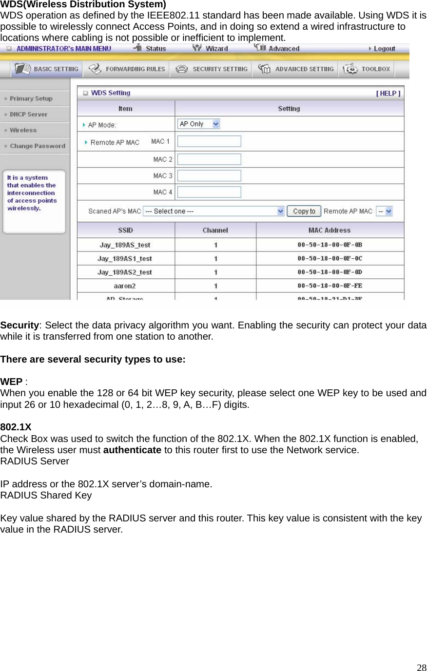  28WDS(Wireless Distribution System)       WDS operation as defined by the IEEE802.11 standard has been made available. Using WDS it is possible to wirelessly connect Access Points, and in doing so extend a wired infrastructure to locations where cabling is not possible or inefficient to implement.   Security: Select the data privacy algorithm you want. Enabling the security can protect your data while it is transferred from one station to another.  There are several security types to use:  WEP :  When you enable the 128 or 64 bit WEP key security, please select one WEP key to be used and input 26 or 10 hexadecimal (0, 1, 2…8, 9, A, B…F) digits.  802.1X Check Box was used to switch the function of the 802.1X. When the 802.1X function is enabled, the Wireless user must authenticate to this router first to use the Network service.   RADIUS Server  IP address or the 802.1X server’s domain-name.   RADIUS Shared Key  Key value shared by the RADIUS server and this router. This key value is consistent with the key value in the RADIUS server. 