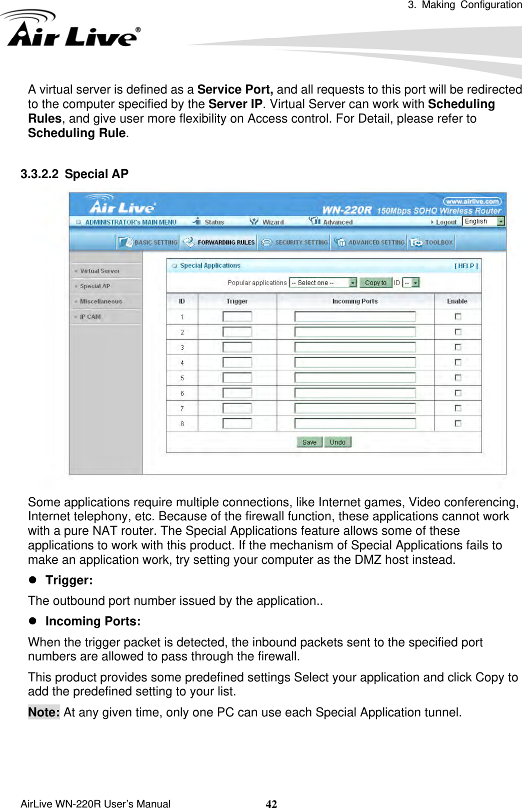  3. Making Configuration       AirLive WN-220R User’s Manual  42A virtual server is defined as a Service Port, and all requests to this port will be redirected to the computer specified by the Server IP. Virtual Server can work with Scheduling Rules, and give user more flexibility on Access control. For Detail, please refer to Scheduling Rule.  3.3.2.2 Special AP  Some applications require multiple connections, like Internet games, Video conferencing, Internet telephony, etc. Because of the firewall function, these applications cannot work with a pure NAT router. The Special Applications feature allows some of these applications to work with this product. If the mechanism of Special Applications fails to make an application work, try setting your computer as the DMZ host instead. z Trigger:  The outbound port number issued by the application.. z Incoming Ports:   When the trigger packet is detected, the inbound packets sent to the specified port numbers are allowed to pass through the firewall. This product provides some predefined settings Select your application and click Copy to add the predefined setting to your list. Note: At any given time, only one PC can use each Special Application tunnel.    