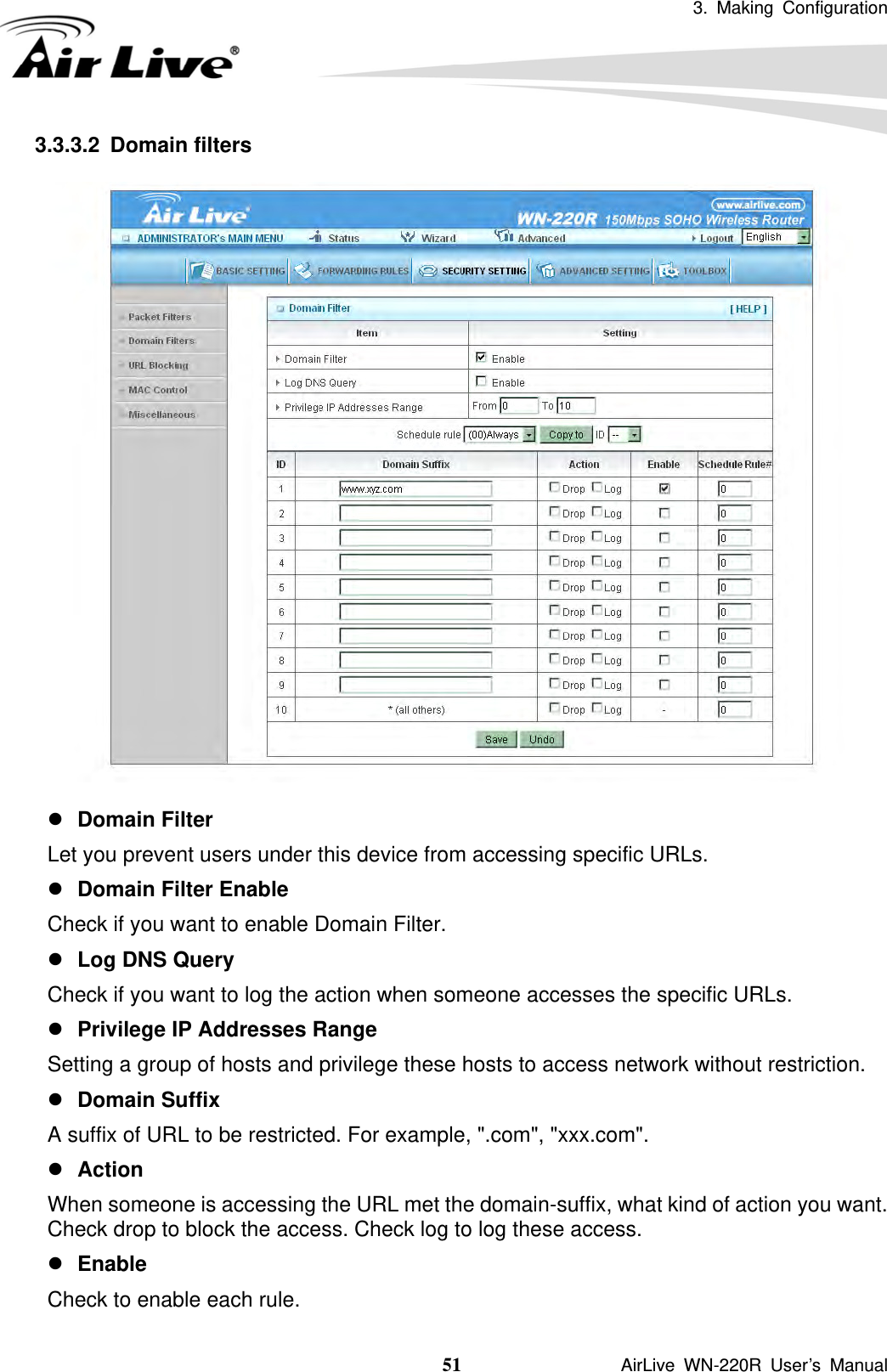 3. Making Configuration  51               AirLive WN-220R User’s Manual 3.3.3.2 Domain filters  z Domain Filter   Let you prevent users under this device from accessing specific URLs.   z Domain Filter Enable Check if you want to enable Domain Filter.   z Log DNS Query Check if you want to log the action when someone accesses the specific URLs.   z Privilege IP Addresses Range Setting a group of hosts and privilege these hosts to access network without restriction.   z Domain Suffix A suffix of URL to be restricted. For example, &quot;.com&quot;, &quot;xxx.com&quot;.   z Action When someone is accessing the URL met the domain-suffix, what kind of action you want. Check drop to block the access. Check log to log these access.   z Enable Check to enable each rule.   