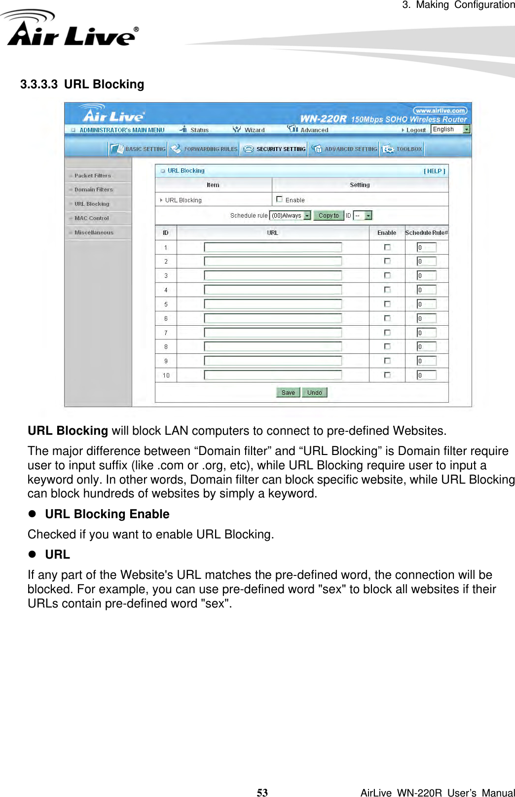 3. Making Configuration  53               AirLive WN-220R User’s Manual 3.3.3.3 URL Blocking  URL Blocking will block LAN computers to connect to pre-defined Websites. The major difference between “Domain filter” and “URL Blocking” is Domain filter require user to input suffix (like .com or .org, etc), while URL Blocking require user to input a keyword only. In other words, Domain filter can block specific website, while URL Blocking can block hundreds of websites by simply a keyword. z URL Blocking Enable Checked if you want to enable URL Blocking.   z URL If any part of the Website&apos;s URL matches the pre-defined word, the connection will be blocked. For example, you can use pre-defined word &quot;sex&quot; to block all websites if their URLs contain pre-defined word &quot;sex&quot;.           