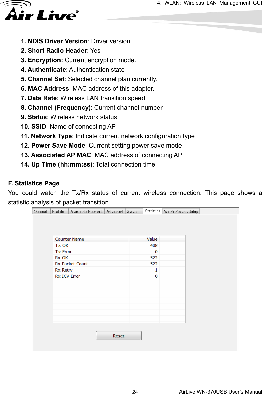   4. WLAN: Wireless LAN Management GUI      AirLive WN-370USB User’s Manual 241. NDIS Driver Version: Driver version 2. Short Radio Header: Yes 3. Encryption: Current encryption mode. 4. Authenticate: Authentication state 5. Channel Set: Selected channel plan currently. 6. MAC Address: MAC address of this adapter. 7. Data Rate: Wireless LAN transition speed 8. Channel (Frequency): Current channel number 9. Status: Wireless network status 10. SSID: Name of connecting AP 11. Network Type: Indicate current network configuration type 12. Power Save Mode: Current setting power save mode 13. Associated AP MAC: MAC address of connecting AP 14. Up Time (hh:mm:ss): Total connection time  F. Statistics Page You could watch the Tx/Rx status of current wireless connection. This page shows a statistic analysis of packet transition.    