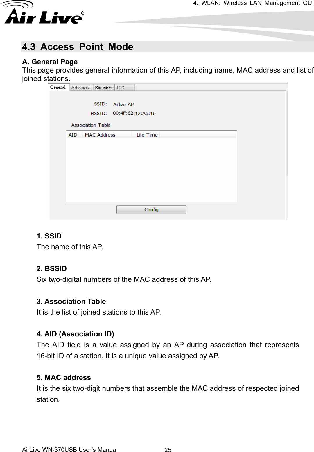 4. WLAN: Wireless LAN Management GUI      AirLive WN-370USB User’s Manua  254.3 Access Point Mode A. General Page This page provides general information of this AP, including name, MAC address and list of joined stations.   1. SSID The name of this AP.  2. BSSID Six two-digital numbers of the MAC address of this AP.  3. Association Table It is the list of joined stations to this AP.  4. AID (Association ID) The AID field is a value assigned by an AP during association that represents 16-bit ID of a station. It is a unique value assigned by AP.  5. MAC address It is the six two-digit numbers that assemble the MAC address of respected joined station.    