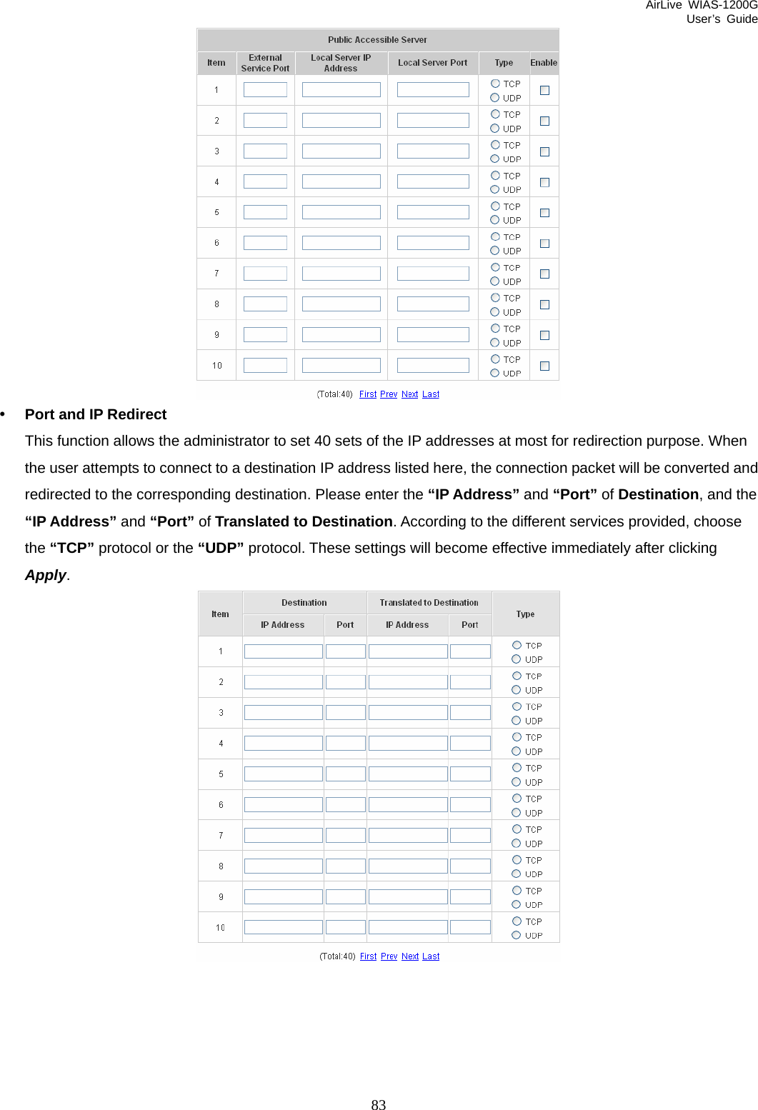 AirLive WIAS-1200G User’s Guide 83  y Port and IP Redirect This function allows the administrator to set 40 sets of the IP addresses at most for redirection purpose. When the user attempts to connect to a destination IP address listed here, the connection packet will be converted and redirected to the corresponding destination. Please enter the “IP Address” and “Port” of Destination, and the “IP Address” and “Port” of Translated to Destination. According to the different services provided, choose the “TCP” protocol or the “UDP” protocol. These settings will become effective immediately after clicking Apply.    