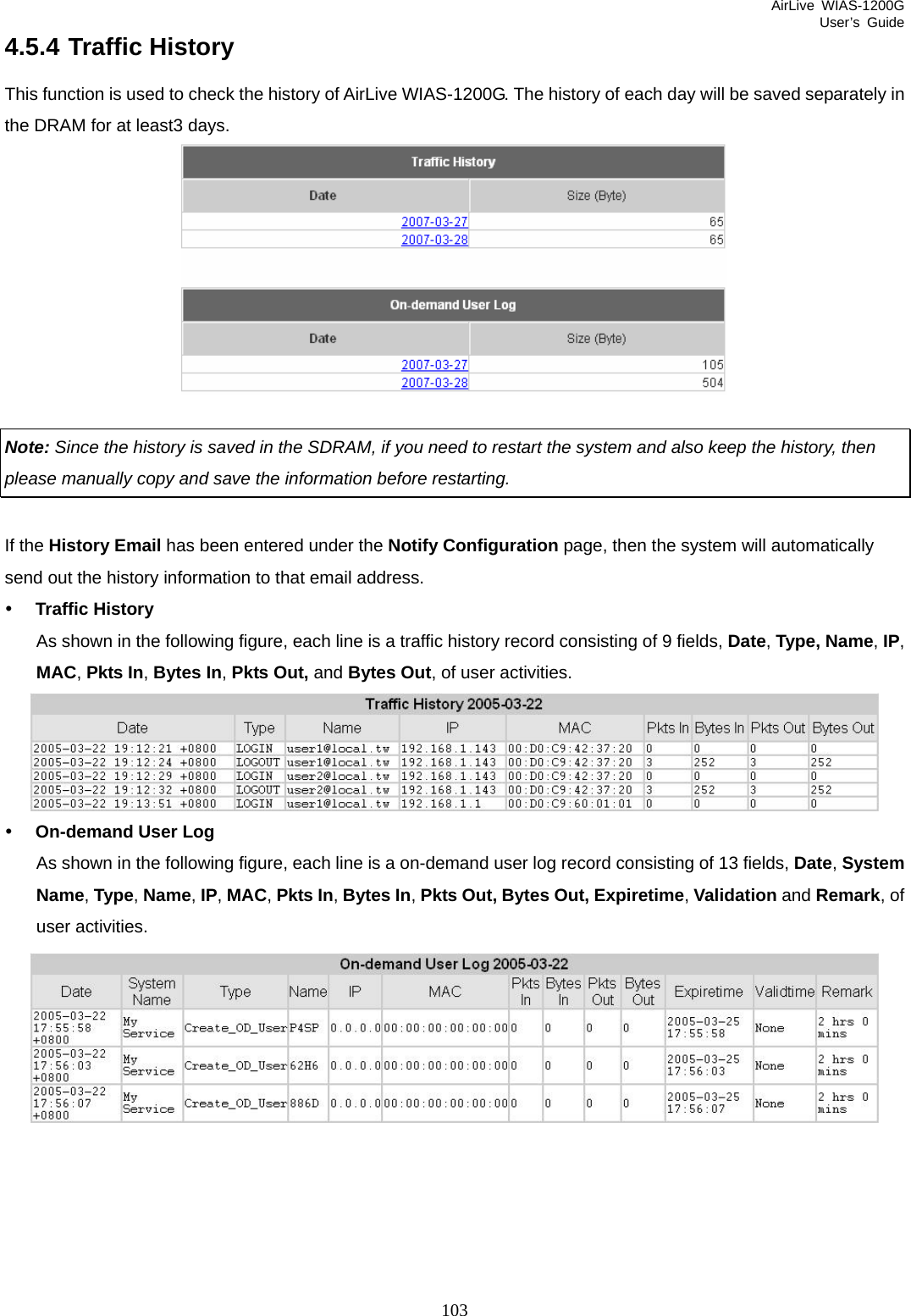 AirLive WIAS-1200G User’s Guide 103 4.5.4 Traffic History This function is used to check the history of AirLive WIAS-1200G. The history of each day will be saved separately in the DRAM for at least3 days.   Note: Since the history is saved in the SDRAM, if you need to restart the system and also keep the history, then please manually copy and save the information before restarting.  If the History Email has been entered under the Notify Configuration page, then the system will automatically send out the history information to that email address. y Traffic History As shown in the following figure, each line is a traffic history record consisting of 9 fields, Date, Type, Name, IP, MAC, Pkts In, Bytes In, Pkts Out, and Bytes Out, of user activities.           y On-demand User Log As shown in the following figure, each line is a on-demand user log record consisting of 13 fields, Date, System Name, Type, Name, IP, MAC, Pkts In, Bytes In, Pkts Out, Bytes Out, Expiretime, Validation and Remark, of user activities.     