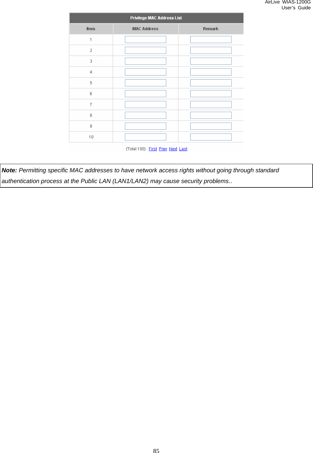 AirLive WIAS-1200G User’s Guide 85   Note: Permitting specific MAC addresses to have network access rights without going through standard authentication process at the Public LAN (LAN1/LAN2) may cause security problems.. 