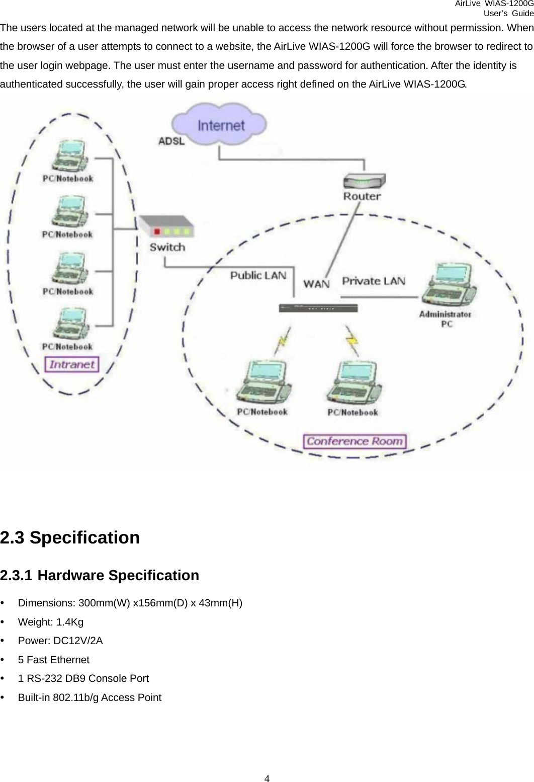 AirLive WIAS-1200G User’s Guide 4 The users located at the managed network will be unable to access the network resource without permission. When the browser of a user attempts to connect to a website, the AirLive WIAS-1200G will force the browser to redirect to the user login webpage. The user must enter the username and password for authentication. After the identity is authenticated successfully, the user will gain proper access right defined on the AirLive WIAS-1200G.    2.3 Specification 2.3.1 Hardware Specification y  Dimensions: 300mm(W) x156mm(D) x 43mm(H) y Weight: 1.4Kg y Power: DC12V/2A y  5 Fast Ethernet y  1 RS-232 DB9 Console Port y Built-in 802.11b/g Access Point   