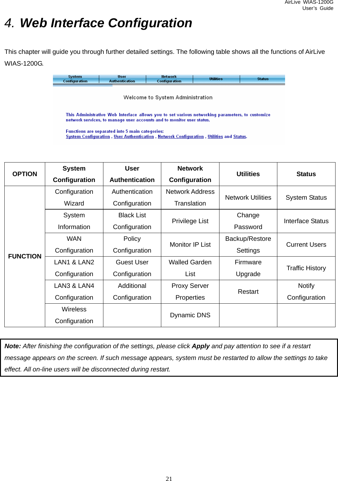 AirLive WIAS-1200G User’s Guide 21 4. Web Interface Configuration This chapter will guide you through further detailed settings. The following table shows all the functions of AirLive WIAS-1200G.    OPTION  System Configuration User Authentication Network Configuration  Utilities Status Configuration Wizard Authentication Configuration Network Address Translation  Network Utilities  System Status System Information Black List Configuration  Privilege List  Change Password  Interface Status WAN Configuration Policy Configuration  Monitor IP List  Backup/Restore Settings  Current Users LAN1 &amp; LAN2 Configuration Guest User Configuration Walled Garden List Firmware Upgrade  Traffic History LAN3 &amp; LAN4 Configuration Additional Configuration Proxy Server Properties  Restart  Notify Configuration FUNCTION Wireless Configuration   Dynamic DNS     Note: After finishing the configuration of the settings, please click Apply and pay attention to see if a restart message appears on the screen. If such message appears, system must be restarted to allow the settings to take effect. All on-line users will be disconnected during restart.  