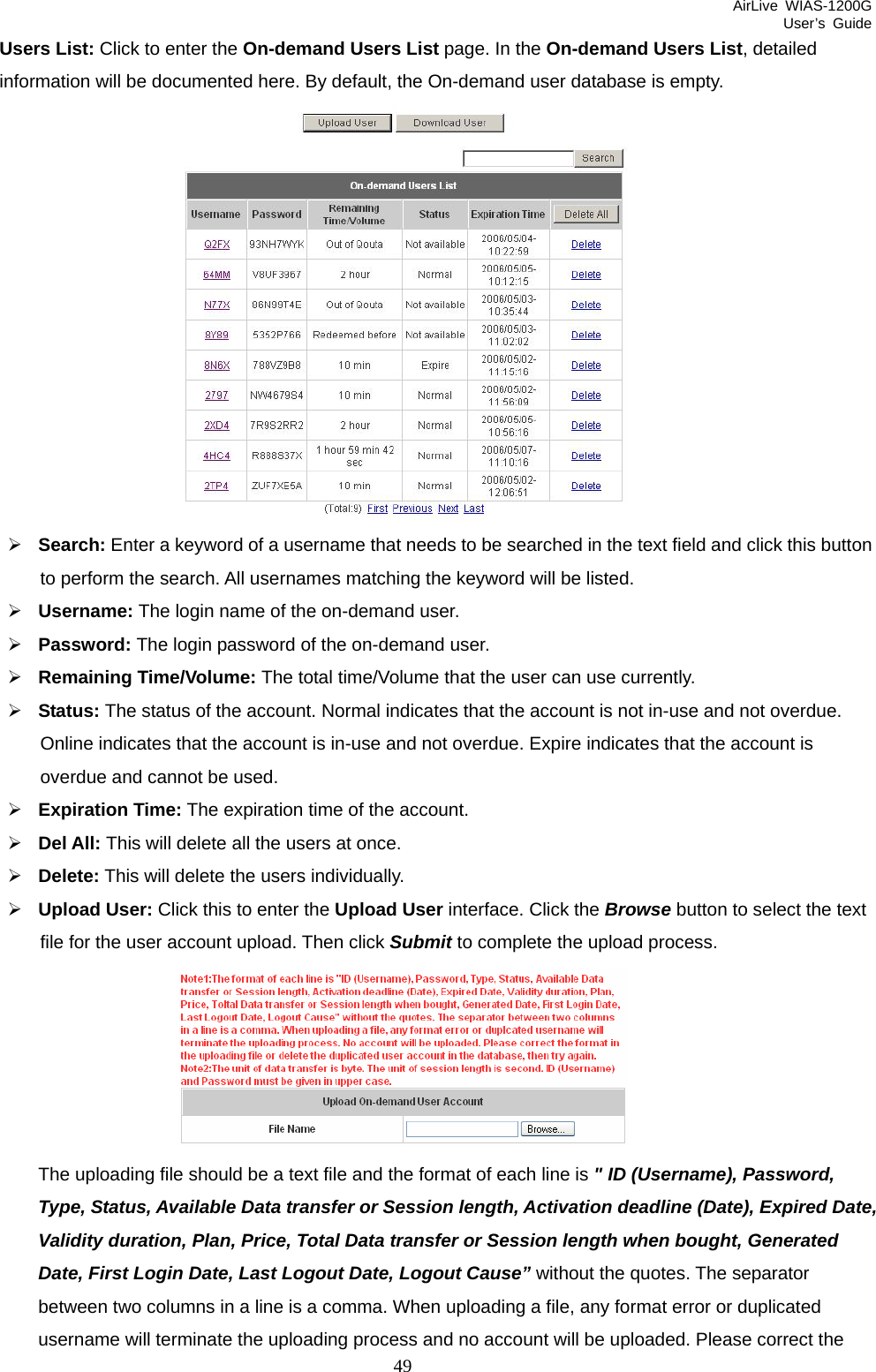 AirLive WIAS-1200G User’s Guide 49 Users List: Click to enter the On-demand Users List page. In the On-demand Users List, detailed information will be documented here. By default, the On-demand user database is empty.  ¾ Search: Enter a keyword of a username that needs to be searched in the text field and click this button to perform the search. All usernames matching the keyword will be listed. ¾ Username: The login name of the on-demand user. ¾ Password: The login password of the on-demand user. ¾ Remaining Time/Volume: The total time/Volume that the user can use currently. ¾ Status: The status of the account. Normal indicates that the account is not in-use and not overdue. Online indicates that the account is in-use and not overdue. Expire indicates that the account is overdue and cannot be used. ¾ Expiration Time: The expiration time of the account. ¾ Del All: This will delete all the users at once. ¾ Delete: This will delete the users individually. ¾ Upload User: Click this to enter the Upload User interface. Click the Browse button to select the text file for the user account upload. Then click Submit to complete the upload process.  The uploading file should be a text file and the format of each line is &quot; ID (Username), Password, Type, Status, Available Data transfer or Session length, Activation deadline (Date), Expired Date, Validity duration, Plan, Price, Total Data transfer or Session length when bought, Generated Date, First Login Date, Last Logout Date, Logout Cause” without the quotes. The separator between two columns in a line is a comma. When uploading a file, any format error or duplicated username will terminate the uploading process and no account will be uploaded. Please correct the 