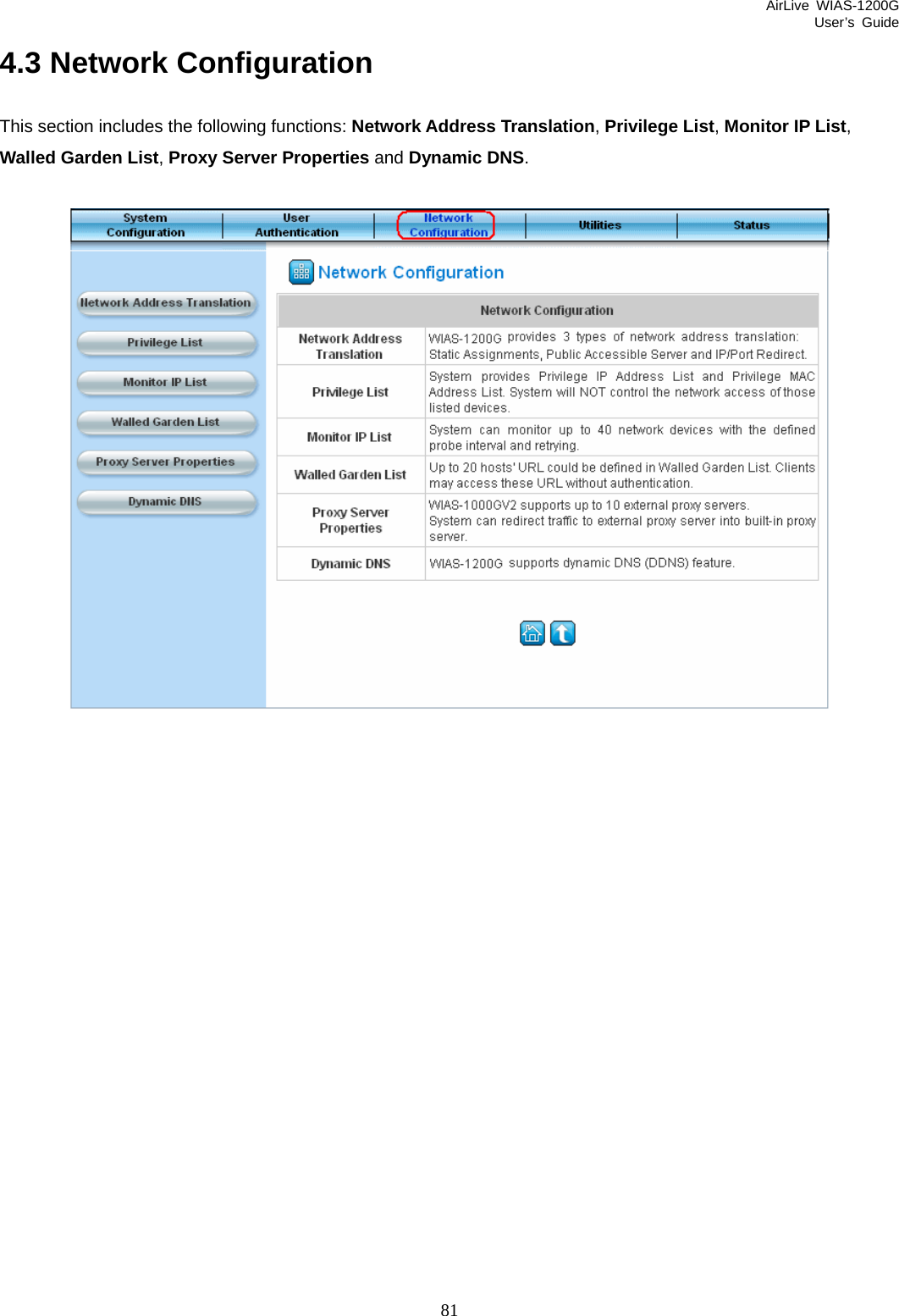 AirLive WIAS-1200G User’s Guide 81 4.3 Network Configuration This section includes the following functions: Network Address Translation, Privilege List, Monitor IP List, Walled Garden List, Proxy Server Properties and Dynamic DNS.     