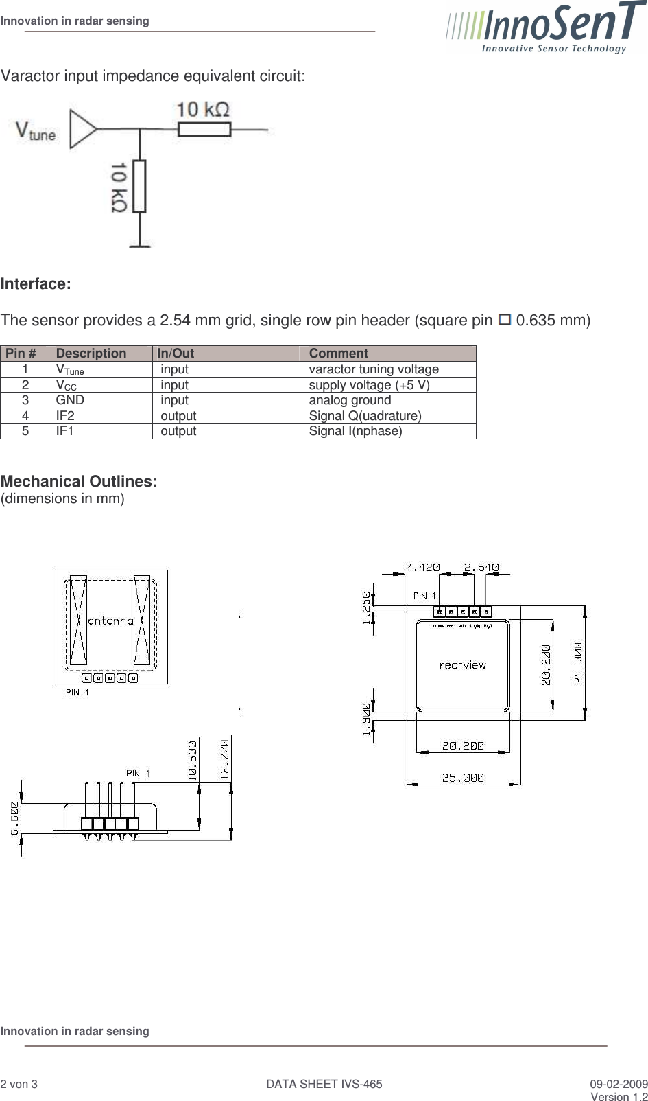  Innovation in radar sensing                                                                Innovation in radar sensing     2 von 3   DATA SHEET IVS-465  09-02-2009    Version 1.2  Varactor input impedance equivalent circuit:  Interface:    The sensor provides a 2.54 mm grid, single row pin header (square pin   0.635 mm)  Pin #  Description  In/Out  Comment 1  VTune    input  varactor tuning voltage 2  VCC   input  supply voltage (+5 V) 3  GND   input  analog ground 4  IF2   output  Signal Q(uadrature) 5  IF1   output  Signal I(nphase)   Mechanical Outlines:   (dimensions in mm)                    