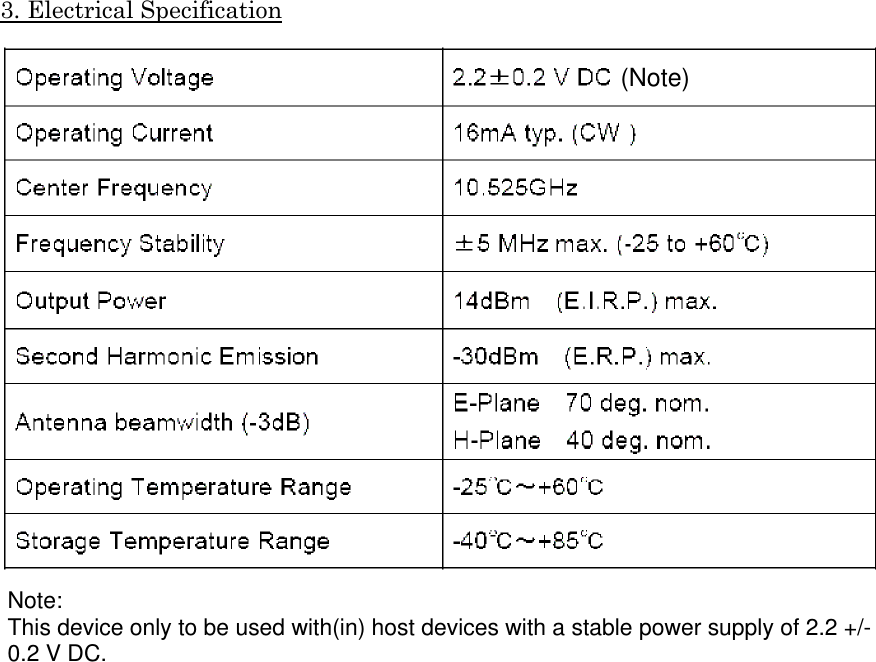&apos;&quot; %( (Note)Note:  This device only to be used with(in) host devices with a stable power supply of 2.2 +/- 0.2 V DC.