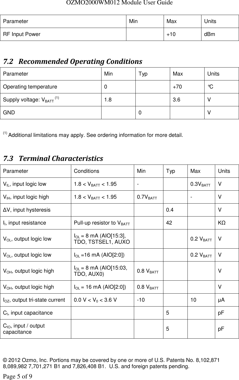   OZMO2000WM012 Module User Guide © 2012 Ozmo, Inc. Portions may be covered by one or more of U.S. Patents No. 8,102,871  8,089,982 7,701,271 B1 and 7,826,408 B1.  U.S. and foreign patents pending. Page 5 of 9 Parameter Min Max Units RF Input Power  +10 dBm  7.2 Recommended Operating Conditions Parameter Min Typ Max Units Operating temperature 0  +70 °C Supply voltage: VBATT (1) 1.8  3.6 V GND  0  V  (1) Additional limitations may apply. See ordering information for more detail.  7.3 Terminal Characteristics Parameter Conditions Min Typ Max Units VIL, input logic low 1.8 &lt; VBATT &lt; 1.95 -  0.3VBATT V VIH, input logic high 1.8 &lt; VBATT &lt; 1.95 0.7VBATT  - V ΔV, input hysteresis   0.4  V II, input resistance Pull-up resistor to VBATT  42  KΩ VOL, output logic low IOL = 8 mA (AIO[15:3], TDO, TSTSEL1, AUXO   0.2 VBATT V VOL, output logic low IOL =16 mA (AIO[2:0])   0.2 VBATT V VOH, output logic high IOL = 8 mA (AIO[15:03, TDO, AUX0) 0.8 VBATT   V VOH, output logic high IOL = 16 mA (AIO[2:0]) 0.8 VBATT   V IOZ, output tri-state current 0.0 V &lt; V0 &lt; 3.6 V -10  10 μA CI, input capacitance   5  pF CIO, input / output capacitance   5  pF  