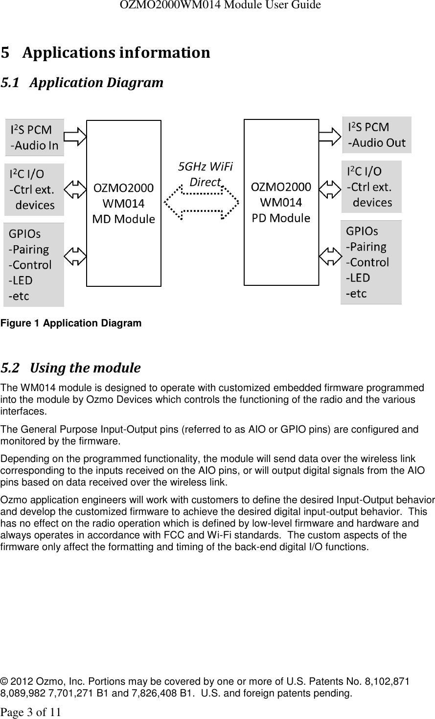   OZMO2000WM014 Module User Guide © 2012 Ozmo, Inc. Portions may be covered by one or more of U.S. Patents No. 8,102,871  8,089,982 7,701,271 B1 and 7,826,408 B1.  U.S. and foreign patents pending. Page 3 of 11  5 Applications information 5.1 Application Diagram   Figure 1 Application Diagram  5.2 Using the module The WM014 module is designed to operate with customized embedded firmware programmed into the module by Ozmo Devices which controls the functioning of the radio and the various interfaces. The General Purpose Input-Output pins (referred to as AIO or GPIO pins) are configured and monitored by the firmware.   Depending on the programmed functionality, the module will send data over the wireless link corresponding to the inputs received on the AIO pins, or will output digital signals from the AIO pins based on data received over the wireless link. Ozmo application engineers will work with customers to define the desired Input-Output behavior and develop the customized firmware to achieve the desired digital input-output behavior.  This has no effect on the radio operation which is defined by low-level firmware and hardware and always operates in accordance with FCC and Wi-Fi standards.  The custom aspects of the firmware only affect the formatting and timing of the back-end digital I/O functions. 