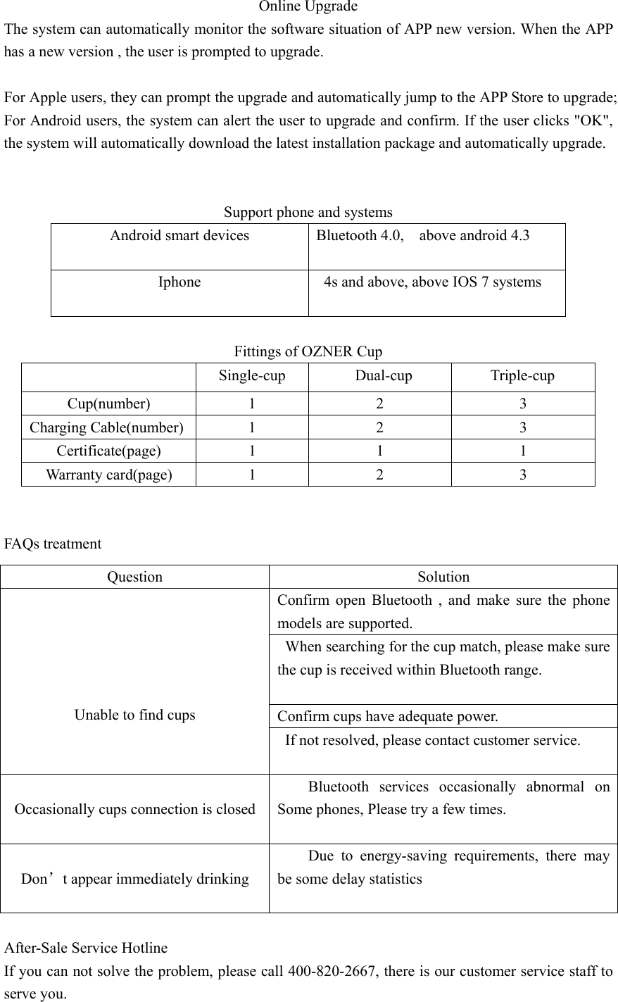 Online Upgrade The system can automatically monitor the software situation of APP new version. When the APP has a new version , the user is prompted to upgrade.  For Apple users, they can prompt the upgrade and automatically jump to the APP Store to upgrade; For Android users, the system can alert the user to upgrade and confirm. If the user clicks &quot;OK&quot;, the system will automatically download the latest installation package and automatically upgrade.   Support phone and systems Android smart devices  Bluetooth 4.0,    above android 4.3  Iphone    4s and above, above IOS 7 systems        Fittings of OZNER Cup   Single-cup   Dual-cup      Triple-cup Cup(number)    1  2  3 Charging Cable(number)  1  2  3 Certificate(page) 1  1  1 Warranty card(page)  1  2  3               FAQs treatment  After-Sale Service Hotline If you can not solve the problem, please call 400-820-2667, there is our customer service staff to serve you. Question Solution Confirm open Bluetooth , and make sure the phone models are supported.   When searching for the cup match, please make sure the cup is received within Bluetooth range.  Confirm cups have adequate power.      Unable to find cups   If not resolved, please contact customer service.   Occasionally cups connection is closed Bluetooth services occasionally abnormal on Some phones, Please try a few times.   Don’t appear immediately drinking  Due to energy-saving requirements, there may be some delay statistics  