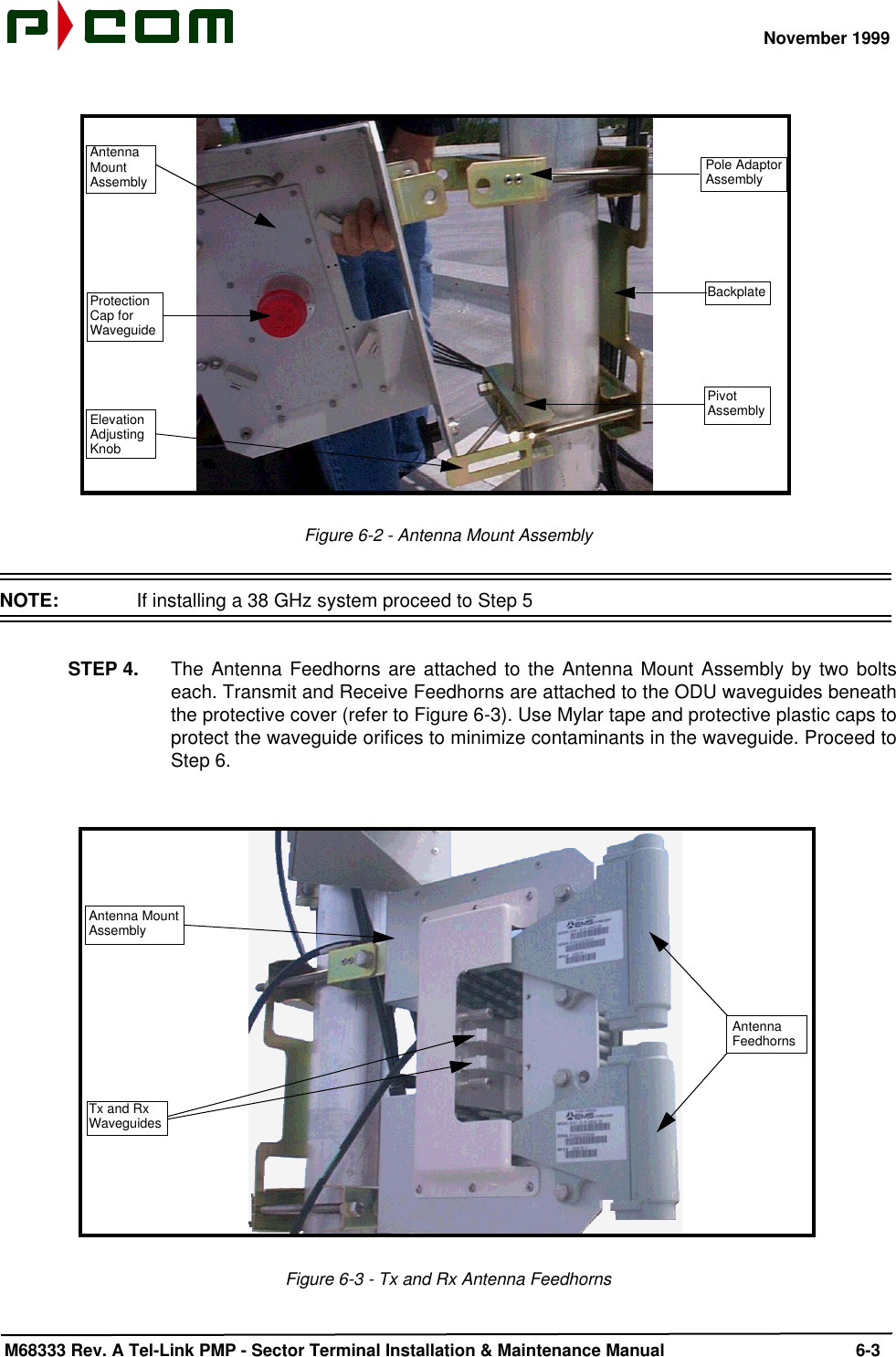 November 1999 M68333 Rev. A Tel-Link PMP - Sector Terminal Installation &amp; Maintenance Manual 6-3Figure 6-2 - Antenna Mount AssemblyNOTE:  If installing a 38 GHz system proceed to Step 5STEP 4. The Antenna Feedhorns are attached to the Antenna Mount Assembly by two boltseach. Transmit and Receive Feedhorns are attached to the ODU waveguides beneaththe protective cover (refer to Figure 6-3). Use Mylar tape and protective plastic caps toprotect the waveguide orifices to minimize contaminants in the waveguide. Proceed toStep 6.Figure 6-3 - Tx and Rx Antenna FeedhornsPole AdaptorAssemblyBackplatePivotAssemblyAntennaMountAssemblyProtectionCap forWaveguideElevationAdjustingKnobAntennaFeedhornsAntenna MountAssemblyTx and RxWaveguides