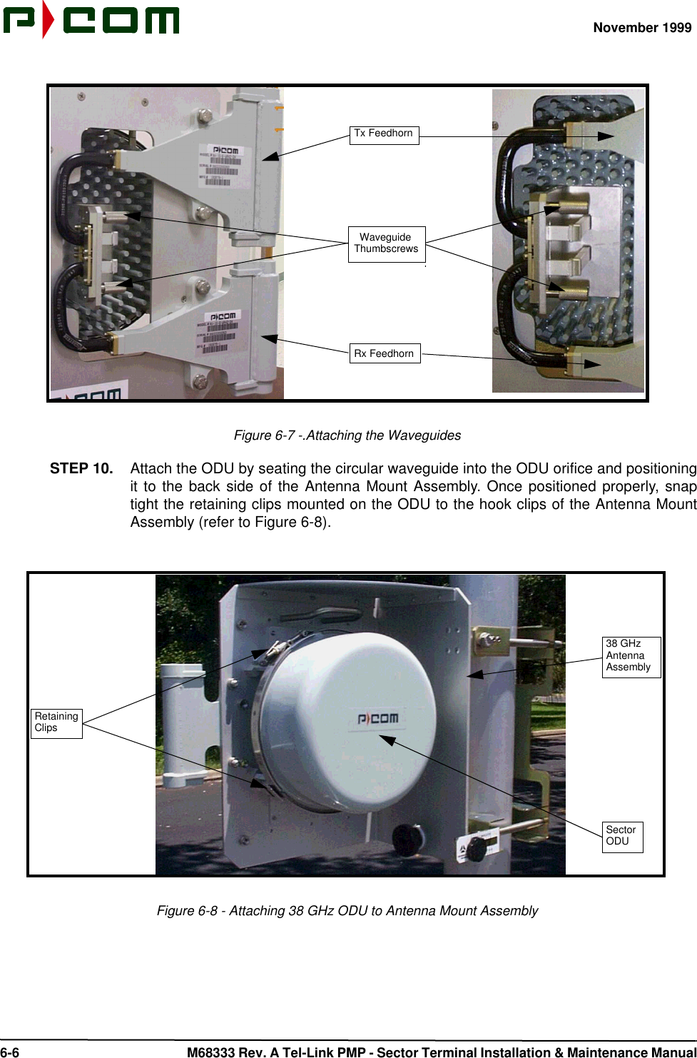 November 1999 6-6  M68333 Rev. A Tel-Link PMP - Sector Terminal Installation &amp; Maintenance ManualFigure 6-7 -.Attaching the WaveguidesSTEP 10. Attach the ODU by seating the circular waveguide into the ODU orifice and positioningit to the back side of the Antenna Mount Assembly. Once positioned properly, snaptight the retaining clips mounted on the ODU to the hook clips of the Antenna MountAssembly (refer to Figure 6-8).Figure 6-8 - Attaching 38 GHz ODU to Antenna Mount AssemblyTx FeedhornRx Feedhorn  WaveguideThumbscrews38 GHzAntennaAssemblySectorODURetainingClips