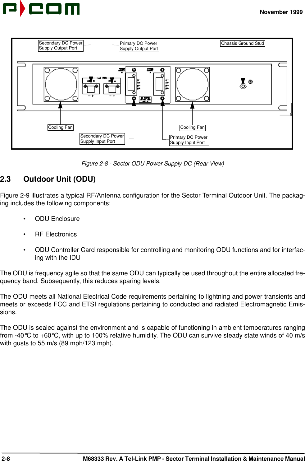 November 1999 2-8  M68333 Rev. A Tel-Link PMP - Sector Terminal Installation &amp; Maintenance ManualFigure 2-8 - Sector ODU Power Supply DC (Rear View)2.3 Outdoor Unit (ODU)Figure 2-9 illustrates a typical RF/Antenna configuration for the Sector Terminal Outdoor Unit. The packag-ing includes the following components:•ODU Enclosure•RF Electronics•ODU Controller Card responsible for controlling and monitoring ODU functions and for interfac-ing with the IDUThe ODU is frequency agile so that the same ODU can typically be used throughout the entire allocated fre-quency band. Subsequently, this reduces sparing levels.The ODU meets all National Electrical Code requirements pertaining to lightning and power transients andmeets or exceeds FCC and ETSI regulations pertaining to conducted and radiated Electromagnetic Emis-sions.The ODU is sealed against the environment and is capable of functioning in ambient temperatures rangingfrom -40°C to +60°C, with up to 100% relative humidity. The ODU can survive steady state winds of 40 m/swith gusts to 55 m/s (89 mph/123 mph).Chassis Ground StudCooling FanPrimary DC PowerSupply Input PortSecondary DC PowerSupply Input PortSecondary DC PowerSupply Output Port Primary DC PowerSupply Output PortCooling Fan