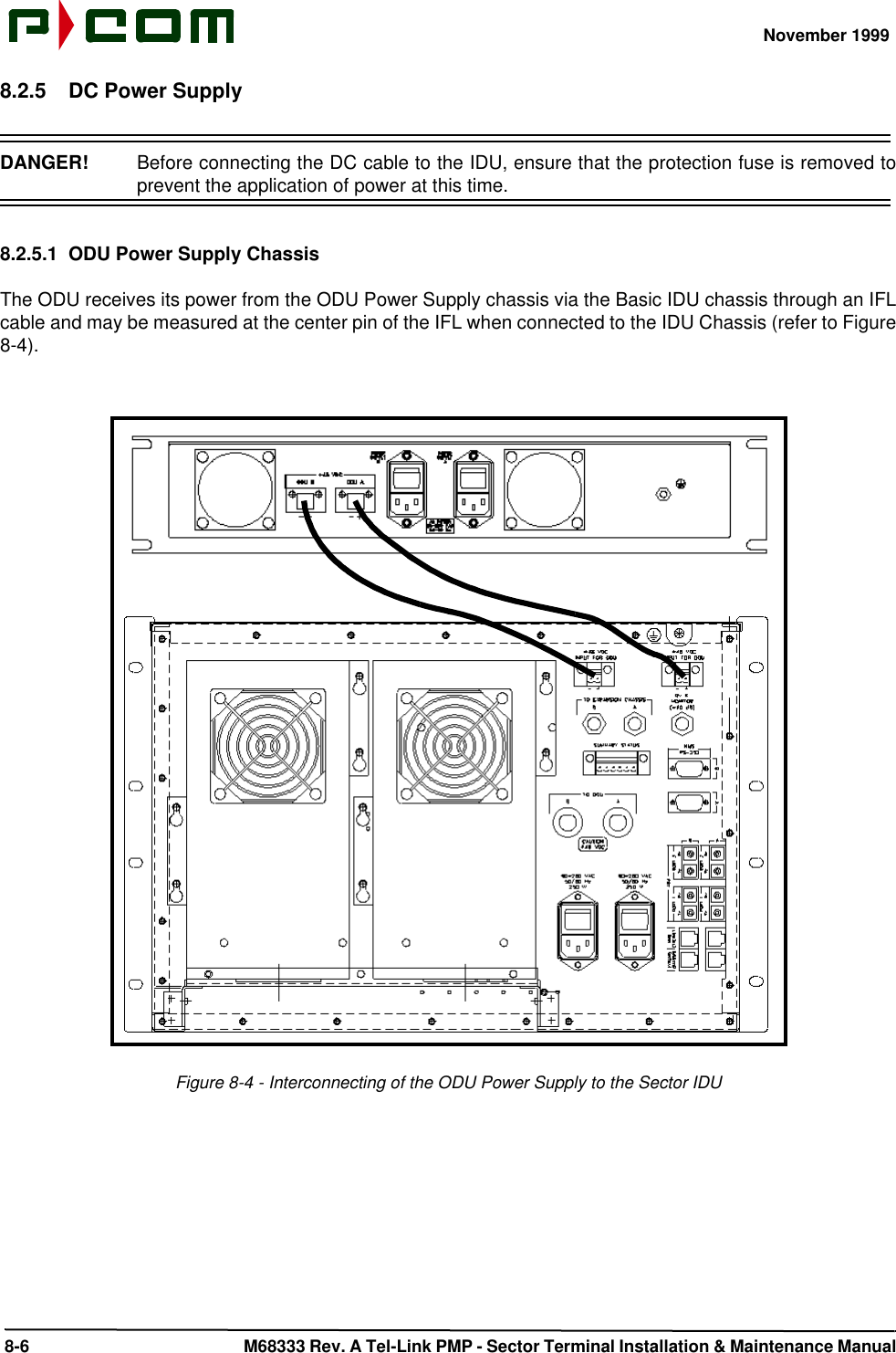 November 1999 8-6  M68333 Rev. A Tel-Link PMP - Sector Terminal Installation &amp; Maintenance Manual8.2.5 DC Power SupplyDANGER!  Before connecting the DC cable to the IDU, ensure that the protection fuse is removed toprevent the application of power at this time.8.2.5.1 ODU Power Supply ChassisThe ODU receives its power from the ODU Power Supply chassis via the Basic IDU chassis through an IFLcable and may be measured at the center pin of the IFL when connected to the IDU Chassis (refer to Figure8-4).Figure 8-4 - Interconnecting of the ODU Power Supply to the Sector IDU