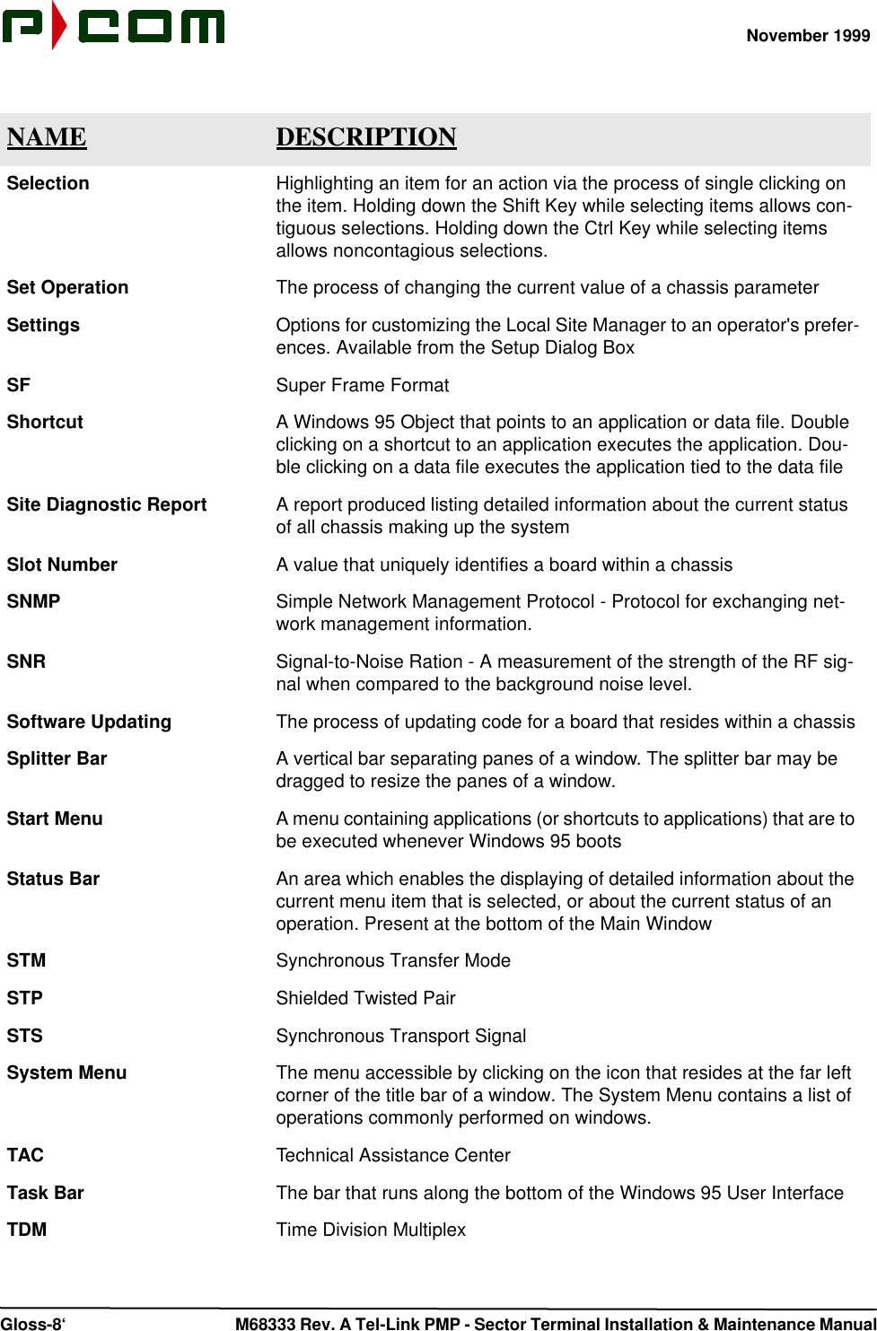 November 1999 Gloss-8‘ M68333 Rev. A Tel-Link PMP - Sector Terminal Installation &amp; Maintenance ManualSelection Highlighting an item for an action via the process of single clicking on the item. Holding down the Shift Key while selecting items allows con-tiguous selections. Holding down the Ctrl Key while selecting items allows noncontagious selections.Set Operation  The process of changing the current value of a chassis parameterSettings Options for customizing the Local Site Manager to an operator&apos;s prefer-ences. Available from the Setup Dialog BoxSF Super Frame FormatShortcut A Windows 95 Object that points to an application or data file. Double clicking on a shortcut to an application executes the application. Dou-ble clicking on a data file executes the application tied to the data fileSite Diagnostic Report A report produced listing detailed information about the current status of all chassis making up the systemSlot Number A value that uniquely identifies a board within a chassisSNMP Simple Network Management Protocol - Protocol for exchanging net-work management information.SNR Signal-to-Noise Ration - A measurement of the strength of the RF sig-nal when compared to the background noise level.Software Updating The process of updating code for a board that resides within a chassisSplitter Bar A vertical bar separating panes of a window. The splitter bar may be dragged to resize the panes of a window.Start Menu A menu containing applications (or shortcuts to applications) that are to be executed whenever Windows 95 bootsStatus Bar An area which enables the displaying of detailed information about the current menu item that is selected, or about the current status of an operation. Present at the bottom of the Main WindowSTM Synchronous Transfer ModeSTP Shielded Twisted PairSTS Synchronous Transport SignalSystem Menu The menu accessible by clicking on the icon that resides at the far left corner of the title bar of a window. The System Menu contains a list of operations commonly performed on windows.TAC Technical Assistance CenterTask Bar The bar that runs along the bottom of the Windows 95 User InterfaceTDM Time Division MultiplexNAME DESCRIPTION