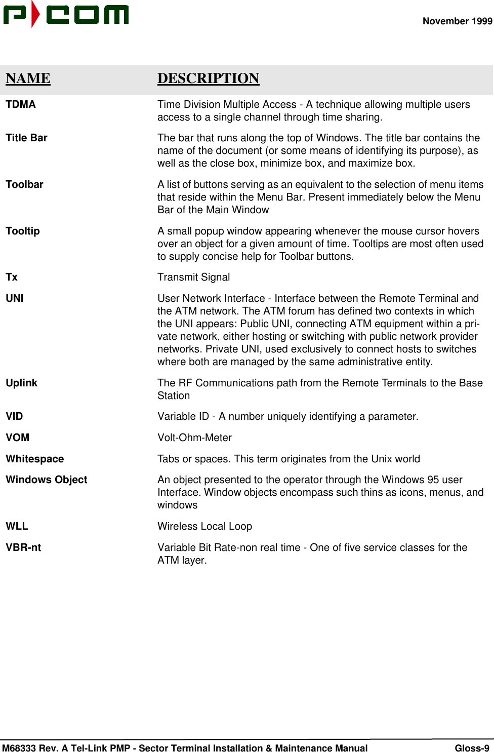 November 1999 M68333 Rev. A Tel-Link PMP - Sector Terminal Installation &amp; Maintenance Manual Gloss-9TDMA Time Division Multiple Access - A technique allowing multiple users access to a single channel through time sharing.Title Bar The bar that runs along the top of Windows. The title bar contains the name of the document (or some means of identifying its purpose), as well as the close box, minimize box, and maximize box.Toolbar A list of buttons serving as an equivalent to the selection of menu items that reside within the Menu Bar. Present immediately below the Menu Bar of the Main WindowTooltip A small popup window appearing whenever the mouse cursor hovers over an object for a given amount of time. Tooltips are most often used to supply concise help for Toolbar buttons.Tx Transmit SignalUNI User Network Interface - Interface between the Remote Terminal and the ATM network. The ATM forum has defined two contexts in which the UNI appears: Public UNI, connecting ATM equipment within a pri-vate network, either hosting or switching with public network provider networks. Private UNI, used exclusively to connect hosts to switches where both are managed by the same administrative entity.Uplink The RF Communications path from the Remote Terminals to the Base StationVID Variable ID - A number uniquely identifying a parameter.VOM Volt-Ohm-MeterWhitespace Tabs or spaces. This term originates from the Unix worldWindows Object An object presented to the operator through the Windows 95 user Interface. Window objects encompass such thins as icons, menus, and windowsWLL Wireless Local LoopVBR-nt Variable Bit Rate-non real time - One of five service classes for the ATM layer.NAME DESCRIPTION